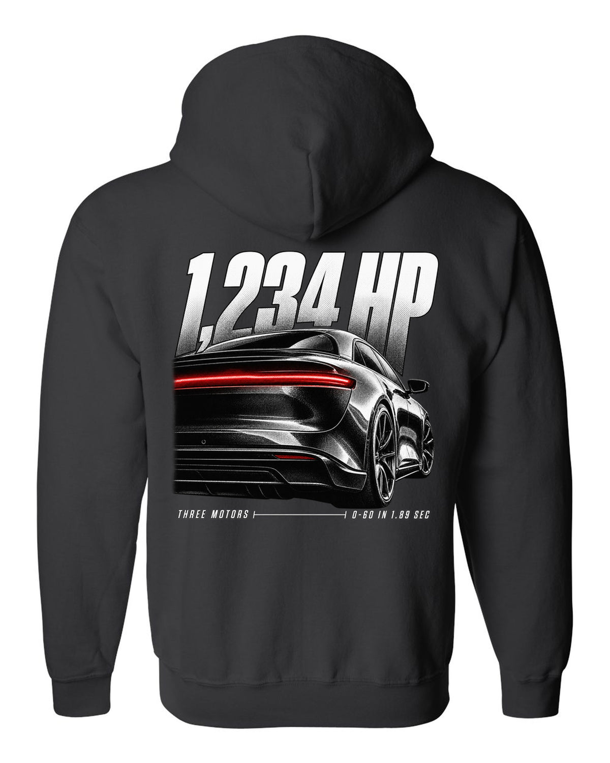 Rear detail macro of Lucid Air Sapphire 2023 with light slit and performance figures black zip hoodie back view with the design