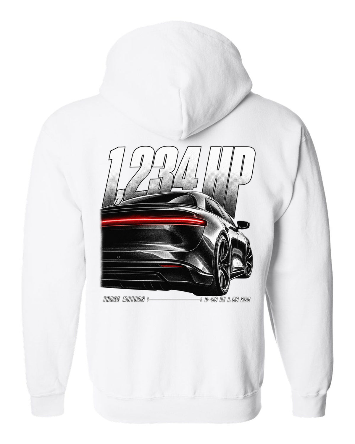 Rear detail macro of Lucid Air Sapphire 2023 with light slit and performance figures white zip hoodie back view with the design