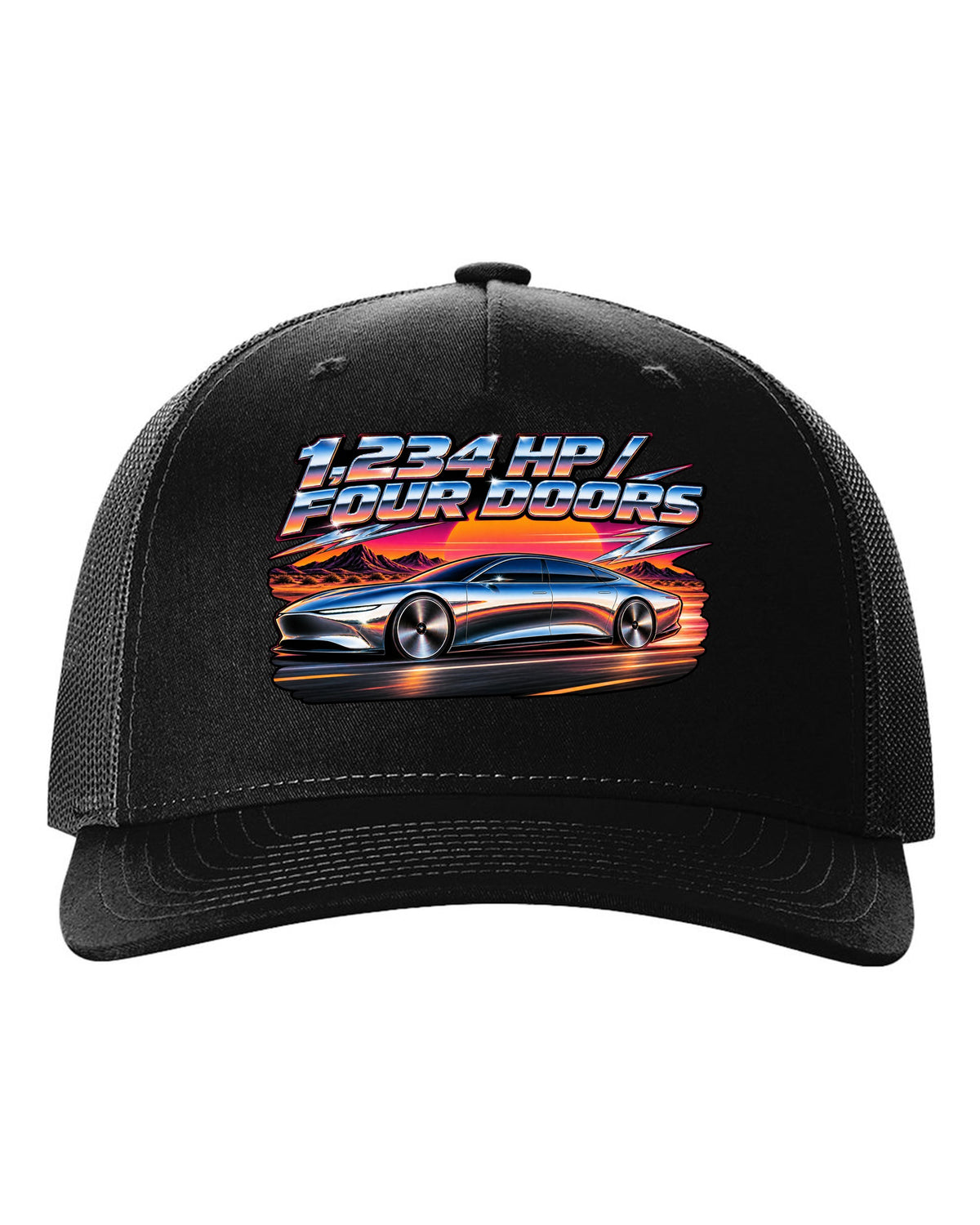Lucid Air Sapphire 80s airbrush chrome poster print with the text 1,234 hp four doors black hat front view with the design