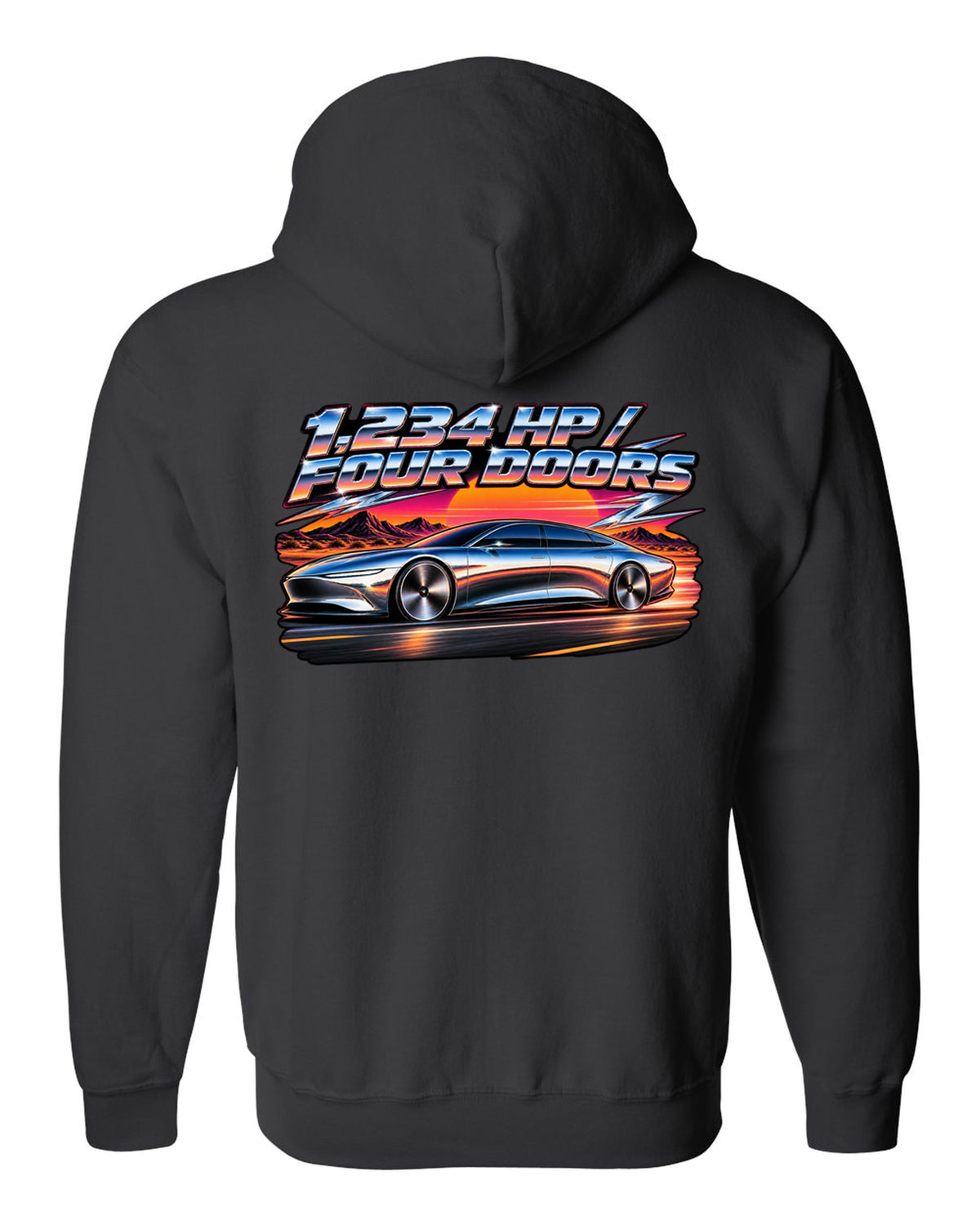 Lucid Air Sapphire 80s airbrush chrome poster print with the text 1,234 hp four doors black zip hoodie back view with the design