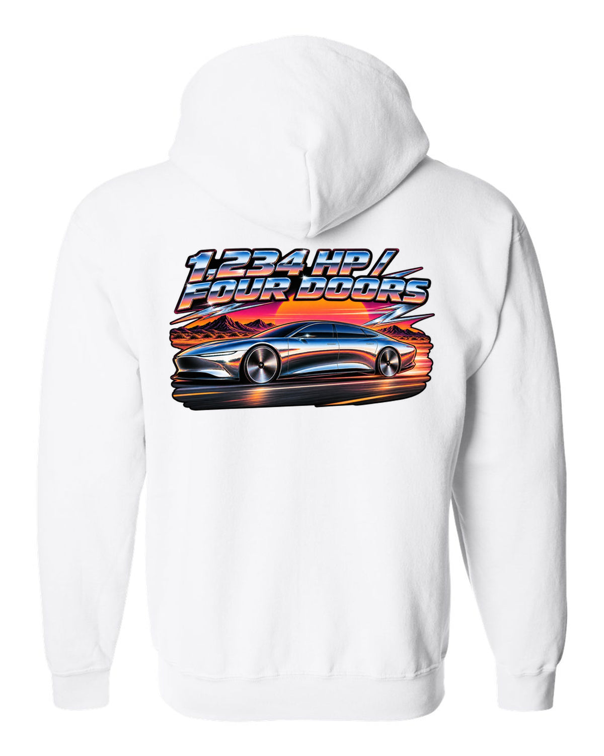 Lucid Air Sapphire 80s airbrush chrome poster print with the text 1,234 hp four doors white zip hoodie back view with the design