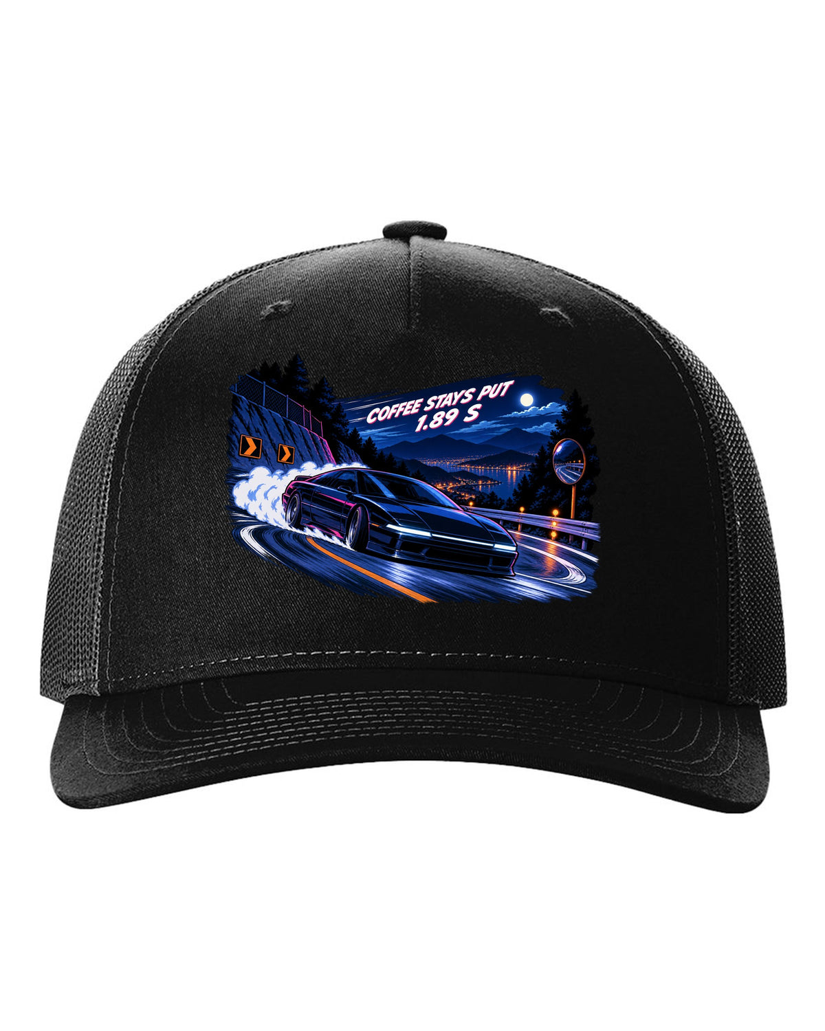 Lucid Air Sapphire cel-shaded 90s anime night touge print with the text coffee stays put 1.89 s black hat front view with the design