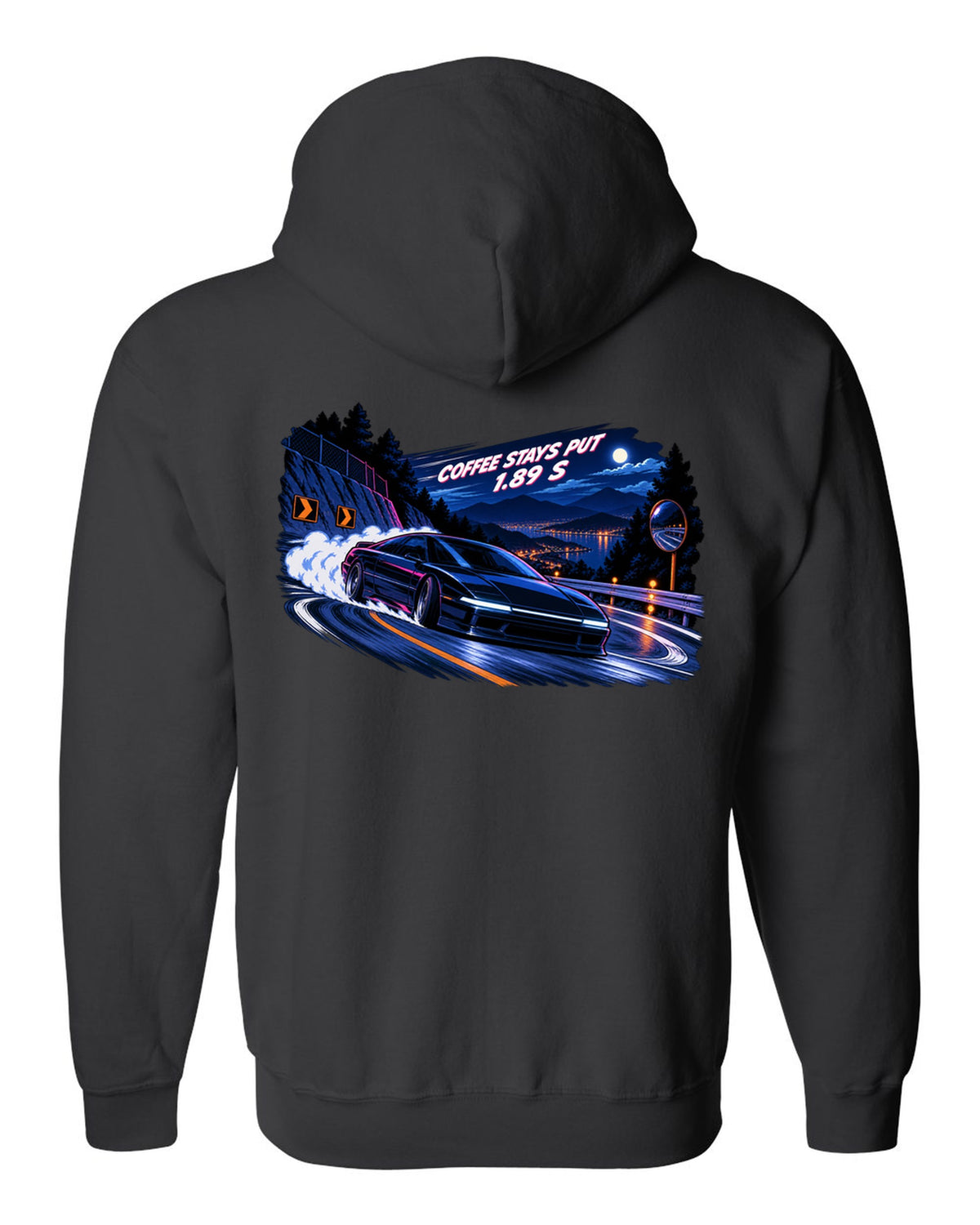 Lucid Air Sapphire cel-shaded 90s anime night touge print with the text coffee stays put 1.89 s black zip hoodie back view with the design