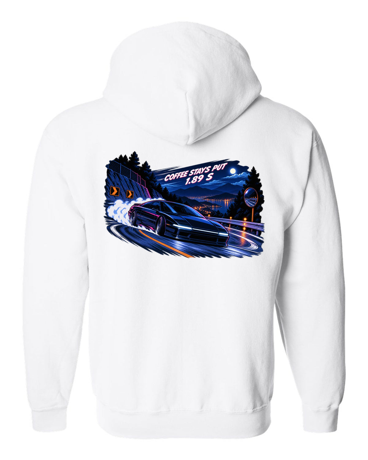 Lucid Air Sapphire cel-shaded 90s anime night touge print with the text coffee stays put 1.89 s white zip hoodie back view with the design