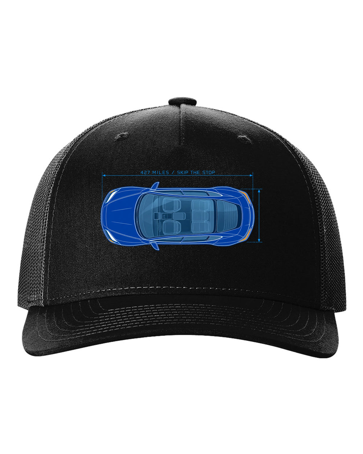 Lucid Air Sapphire white and cyan blueprint print with the text 427 miles skip the stop black hat front view with the design