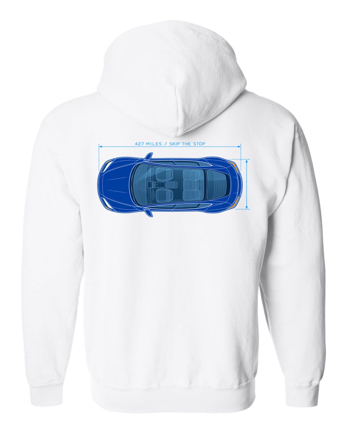 Lucid Air Sapphire white and cyan blueprint print with the text 427 miles skip the stop white zip hoodie back view with the design