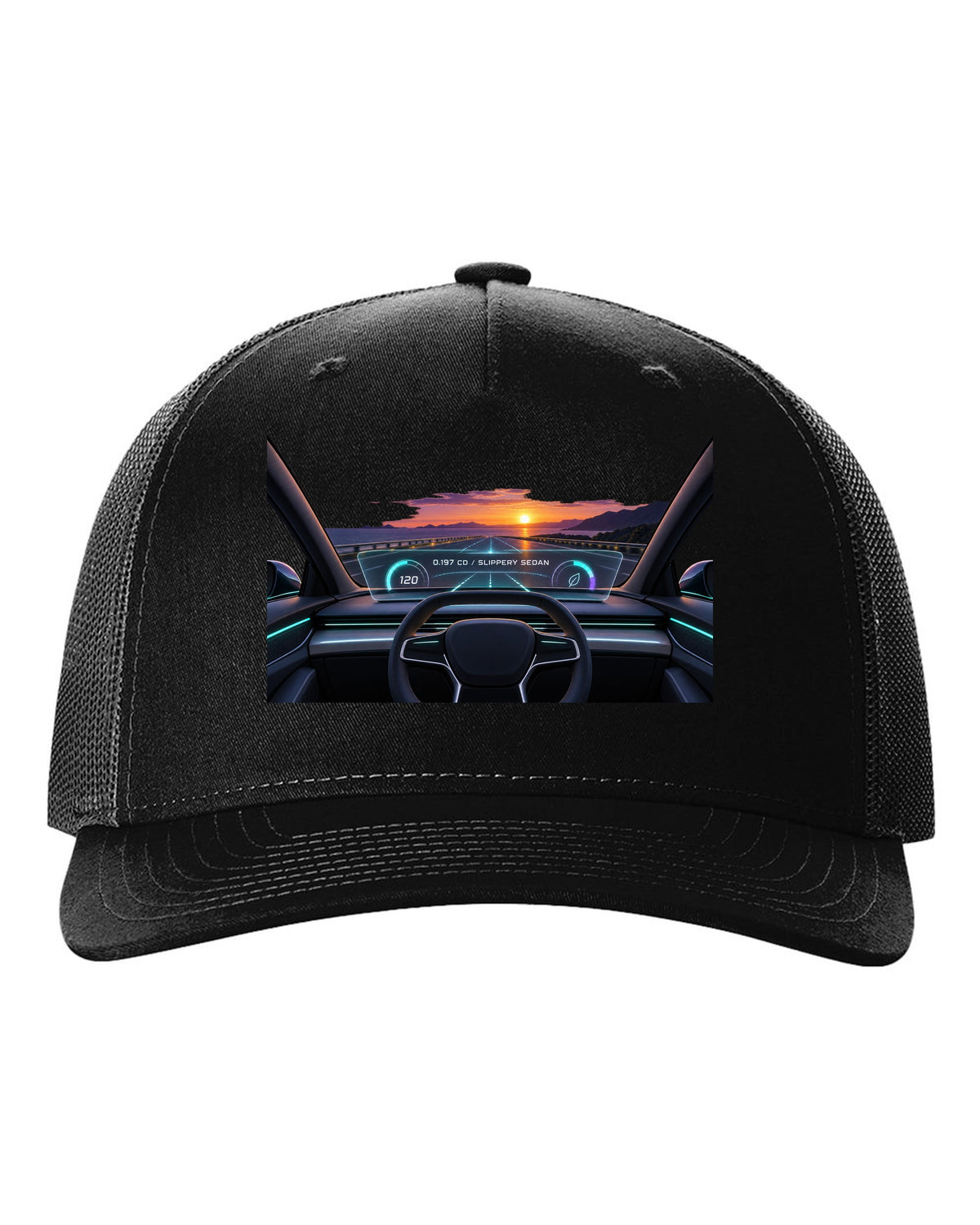 Lucid Air Sapphire gauge cluster HUD print with the text 0.197 Cd slippery sedan black hat front view with the design
