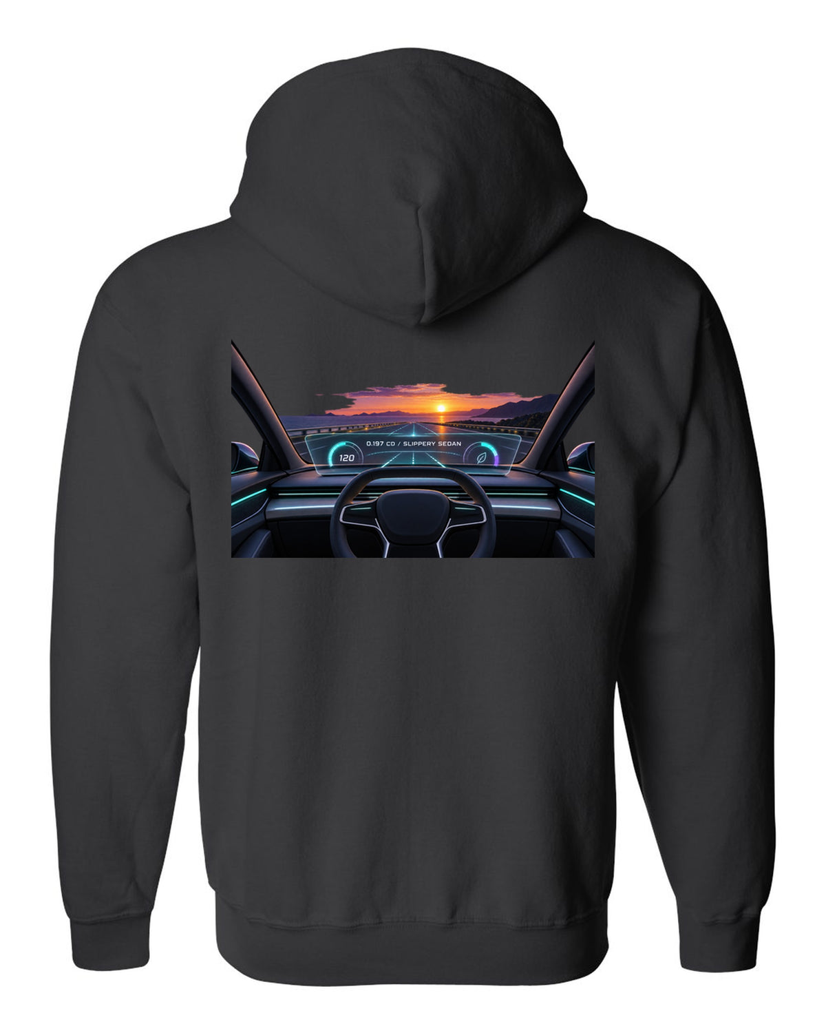Lucid Air Sapphire gauge cluster HUD print with the text 0.197 Cd slippery sedan black zip hoodie back view with the design