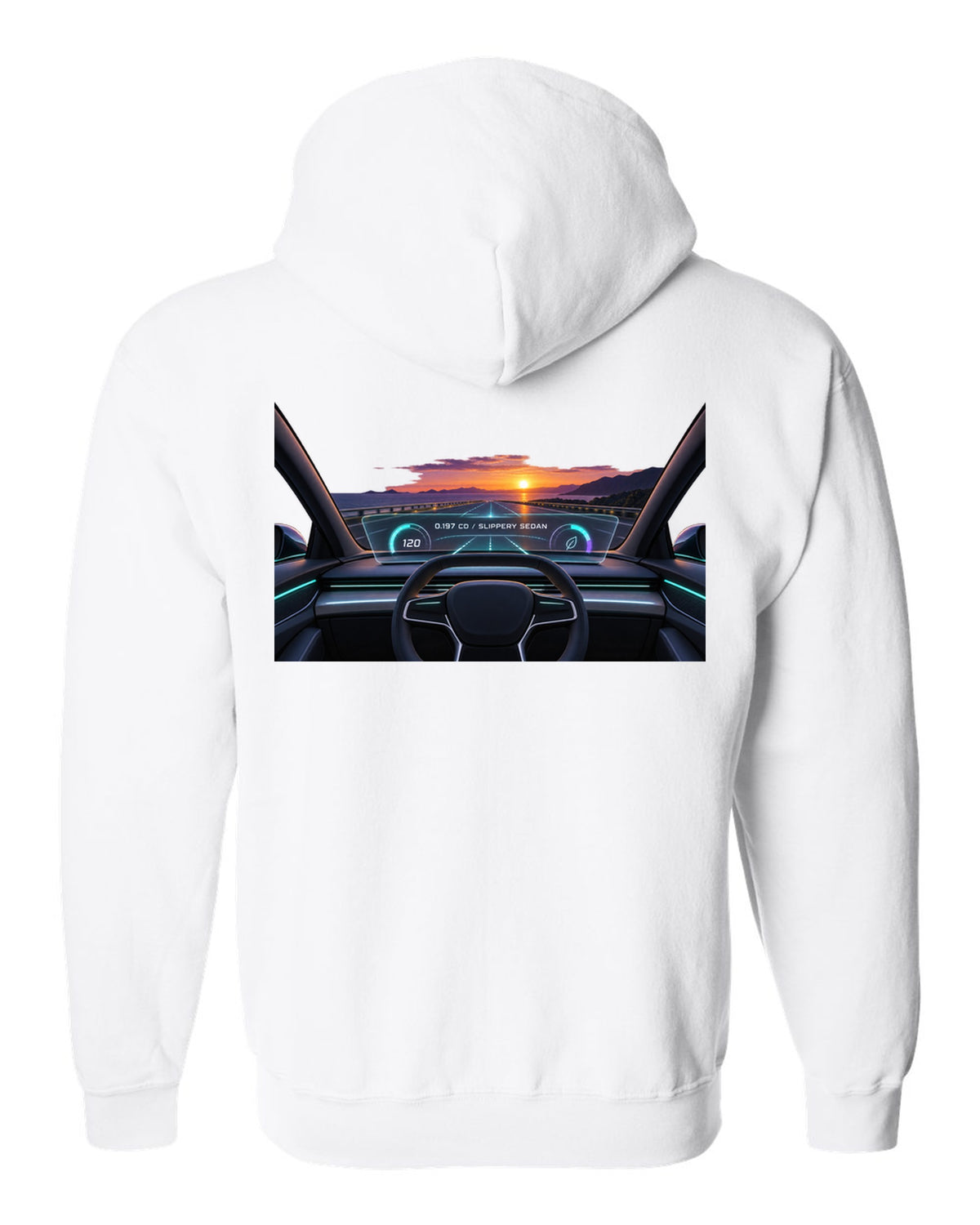 Lucid Air Sapphire gauge cluster HUD print with the text 0.197 Cd slippery sedan white zip hoodie back view with the design