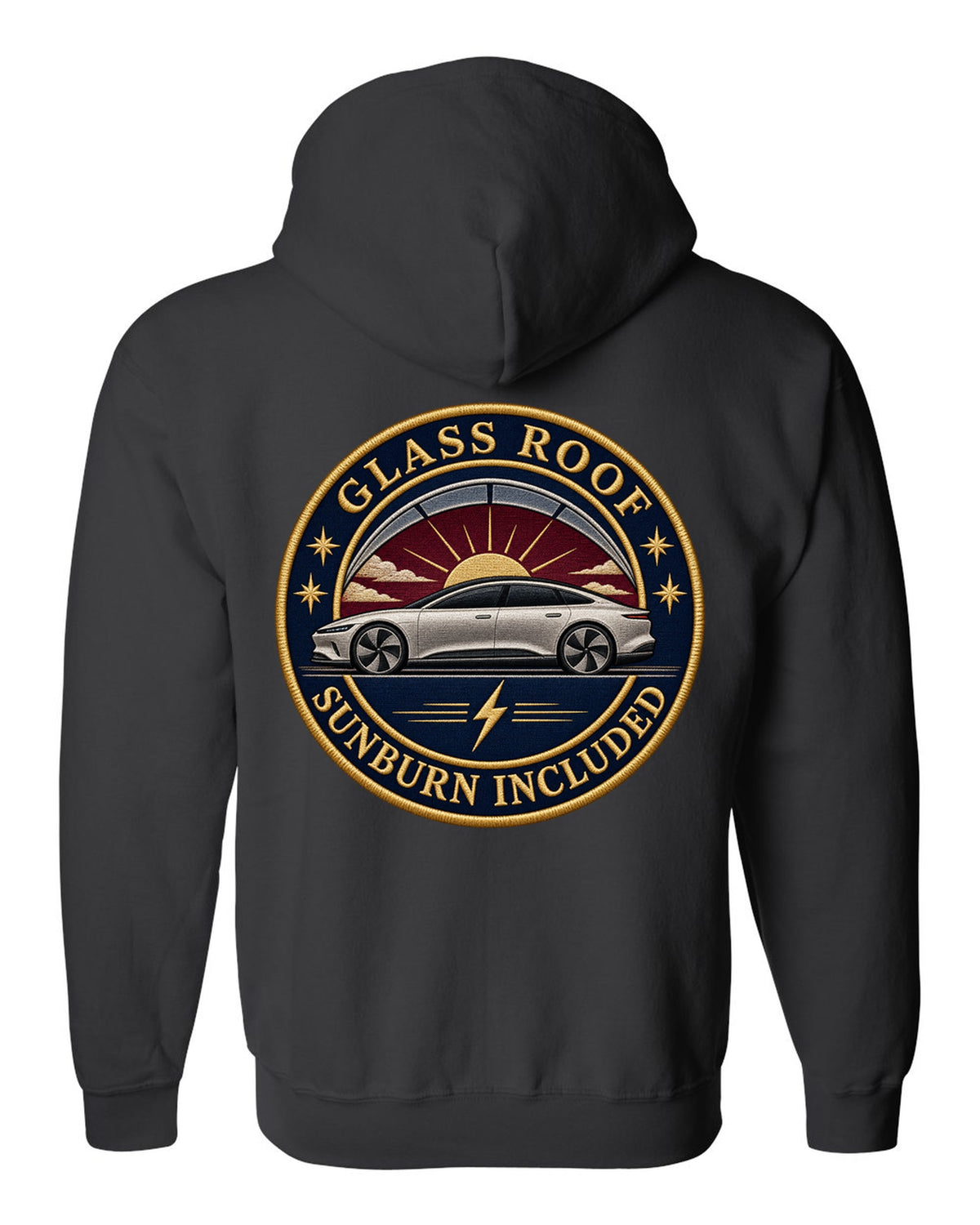 Lucid Air Sapphire round embroidery-style crest print with the text glass roof sunburn included black zip hoodie back view with the design