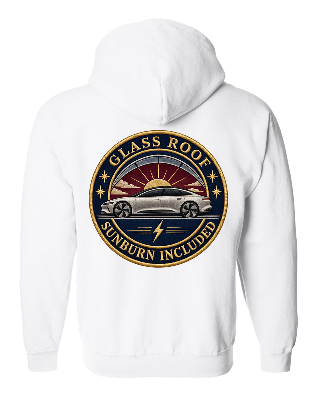 Lucid Air Sapphire round embroidery-style crest print with the text glass roof sunburn included white zip hoodie back view with the design