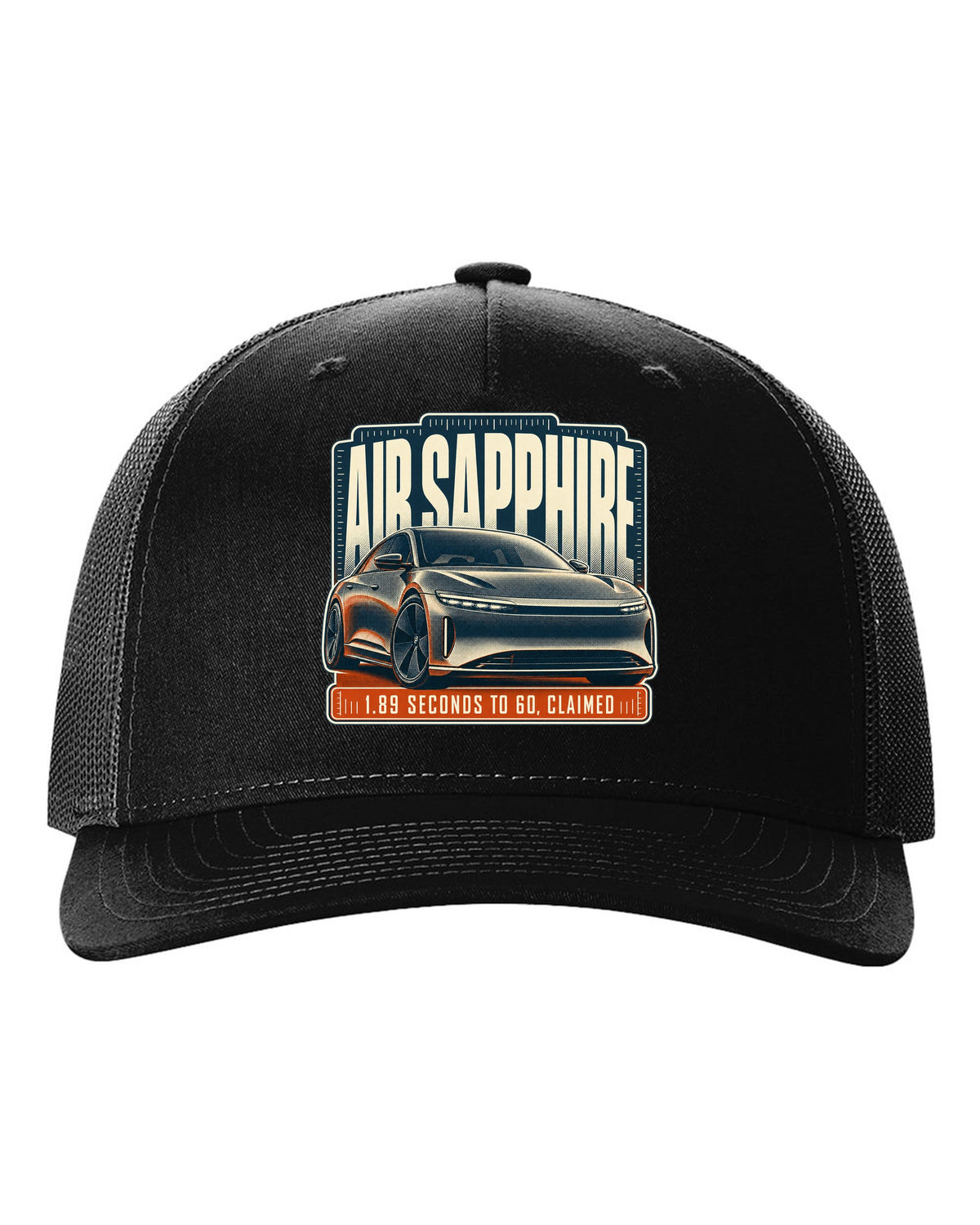 Halftone print of a Lucid Air Sapphire with 1.89 second 0-60 claim black hat front view with the design