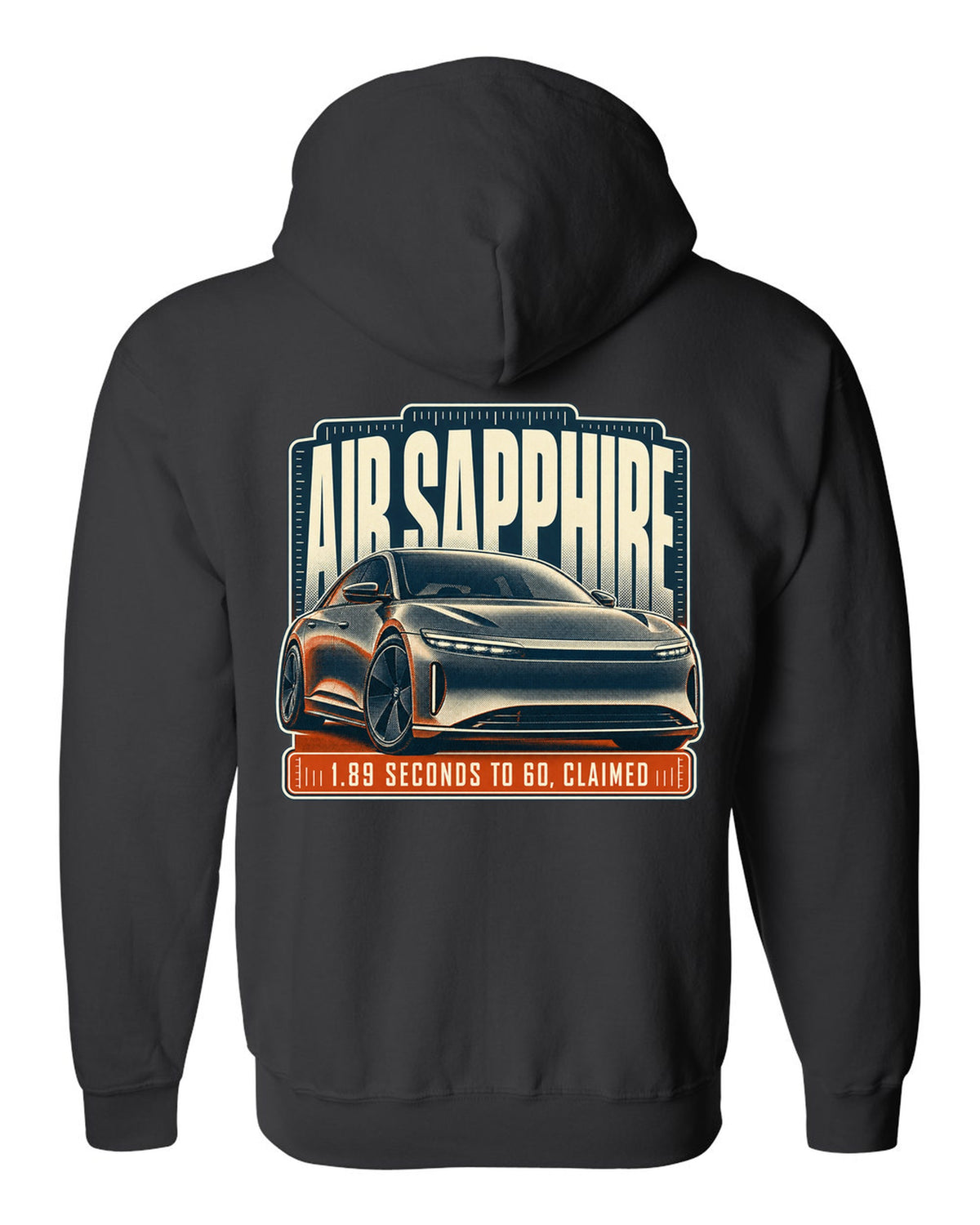 Halftone print of a Lucid Air Sapphire with 1.89 second 0-60 claim black zip hoodie back view with the design
