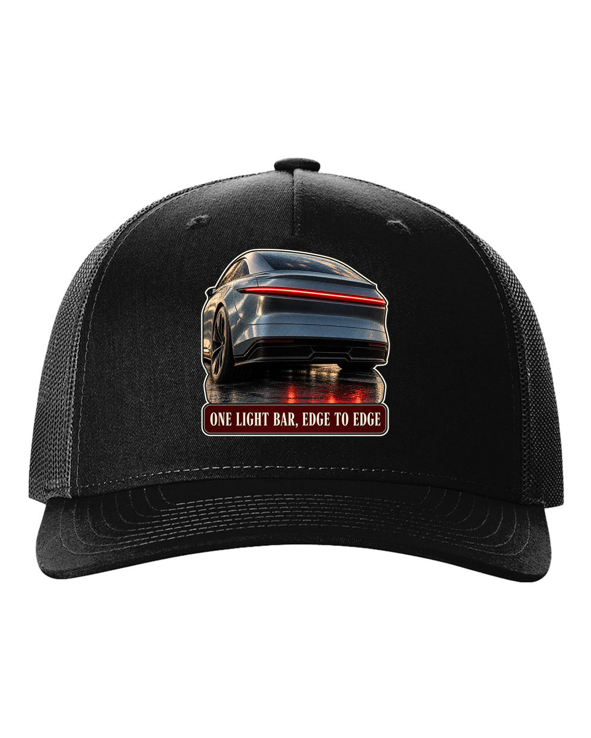 Taillight macro print of a Lucid Air Sapphire with a single light bar black hat front view with the design