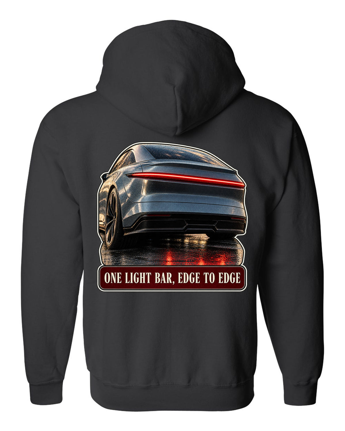 Taillight macro print of a Lucid Air Sapphire with a single light bar black zip hoodie back view with the design