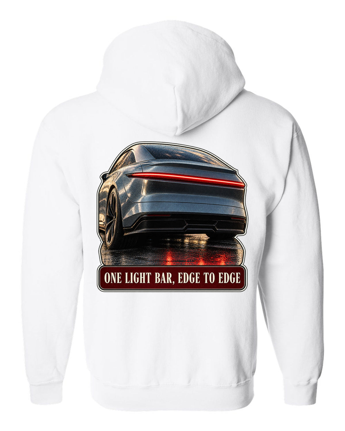 Taillight macro print of a Lucid Air Sapphire with a single light bar white zip hoodie back view with the design