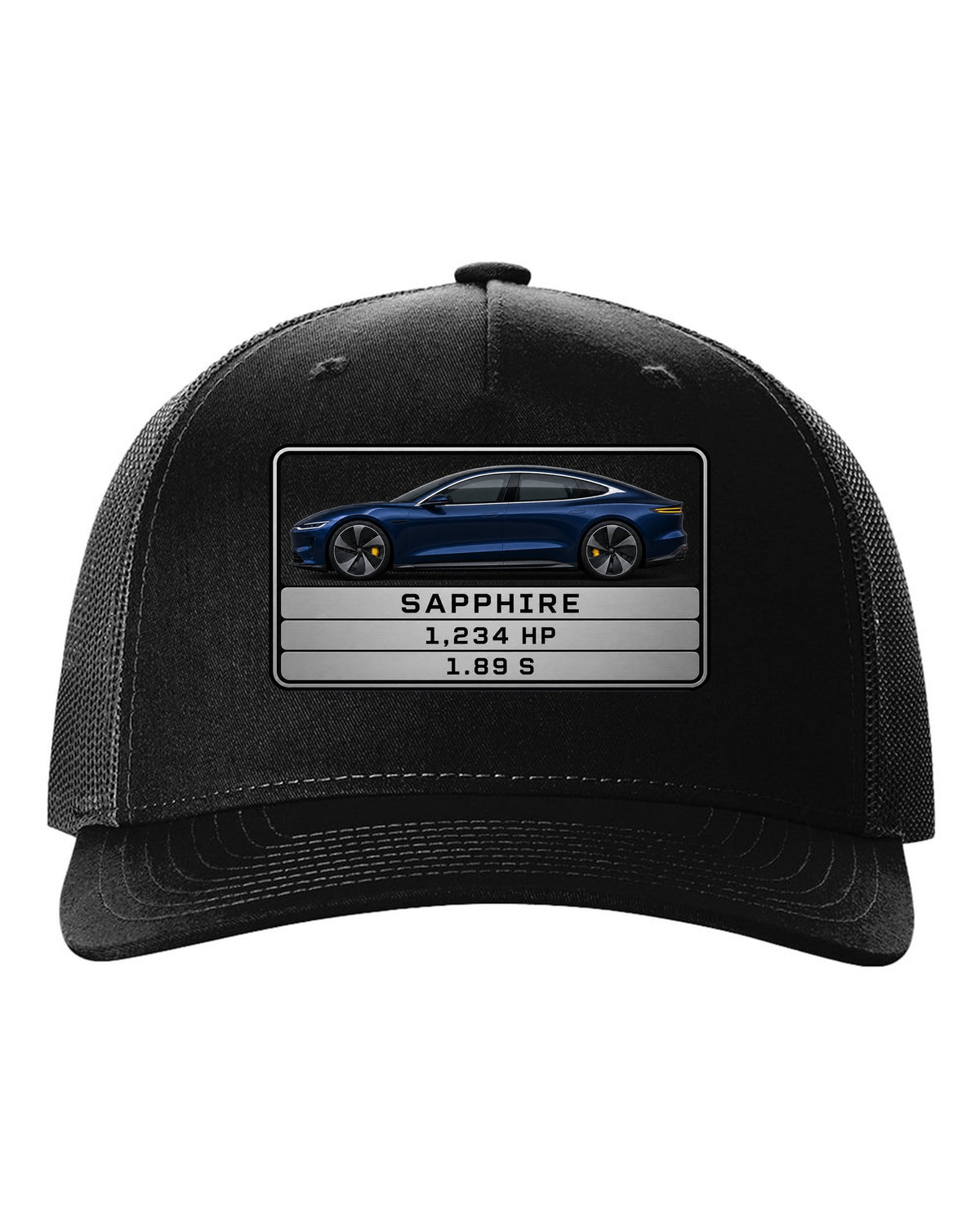 Lucid Air Sapphire monospaced spec data plate print with the text Sapphire 1,234 hp 1.89 s black hat front view with the design