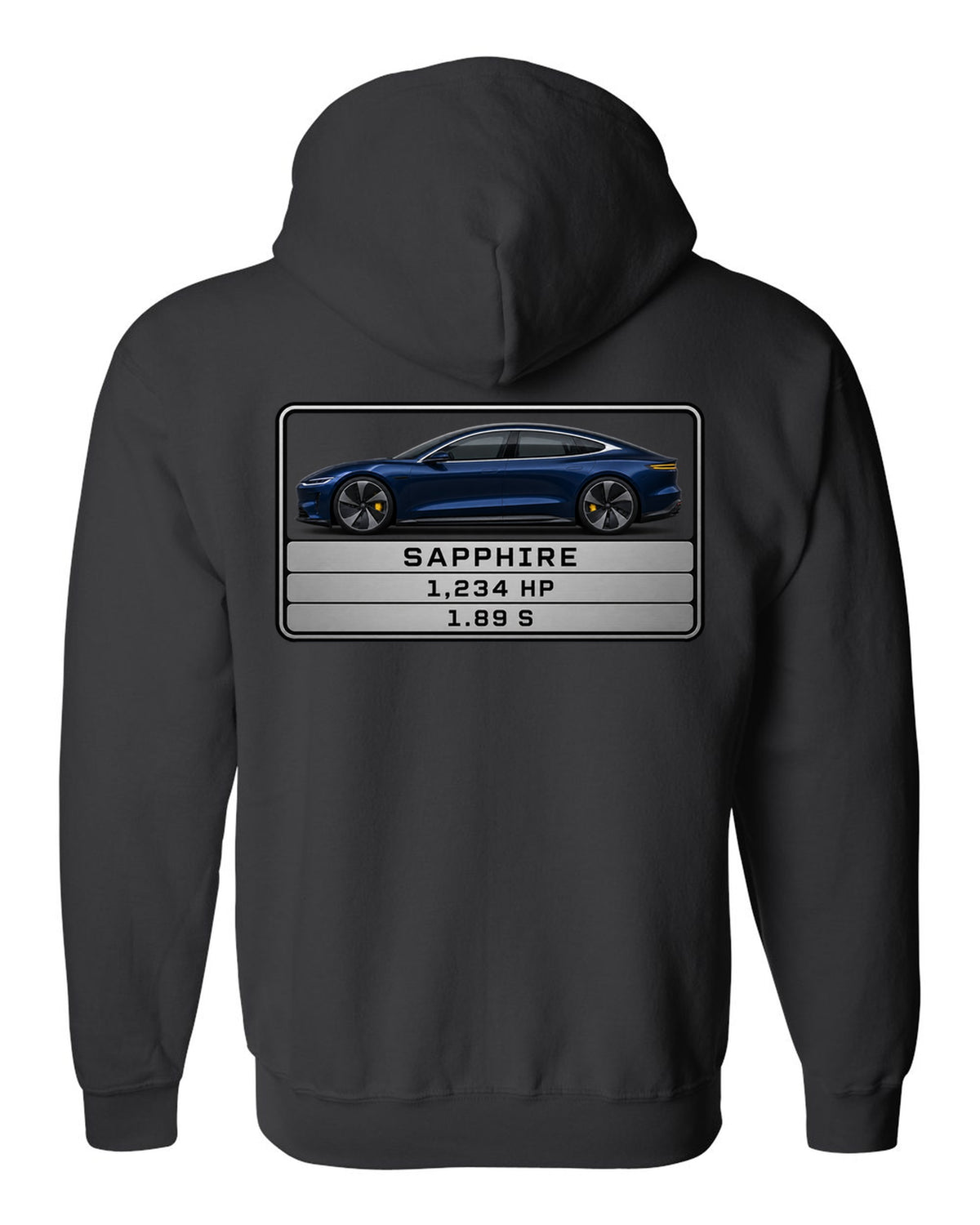 Lucid Air Sapphire monospaced spec data plate print with the text Sapphire 1,234 hp 1.89 s black zip hoodie back view with the design