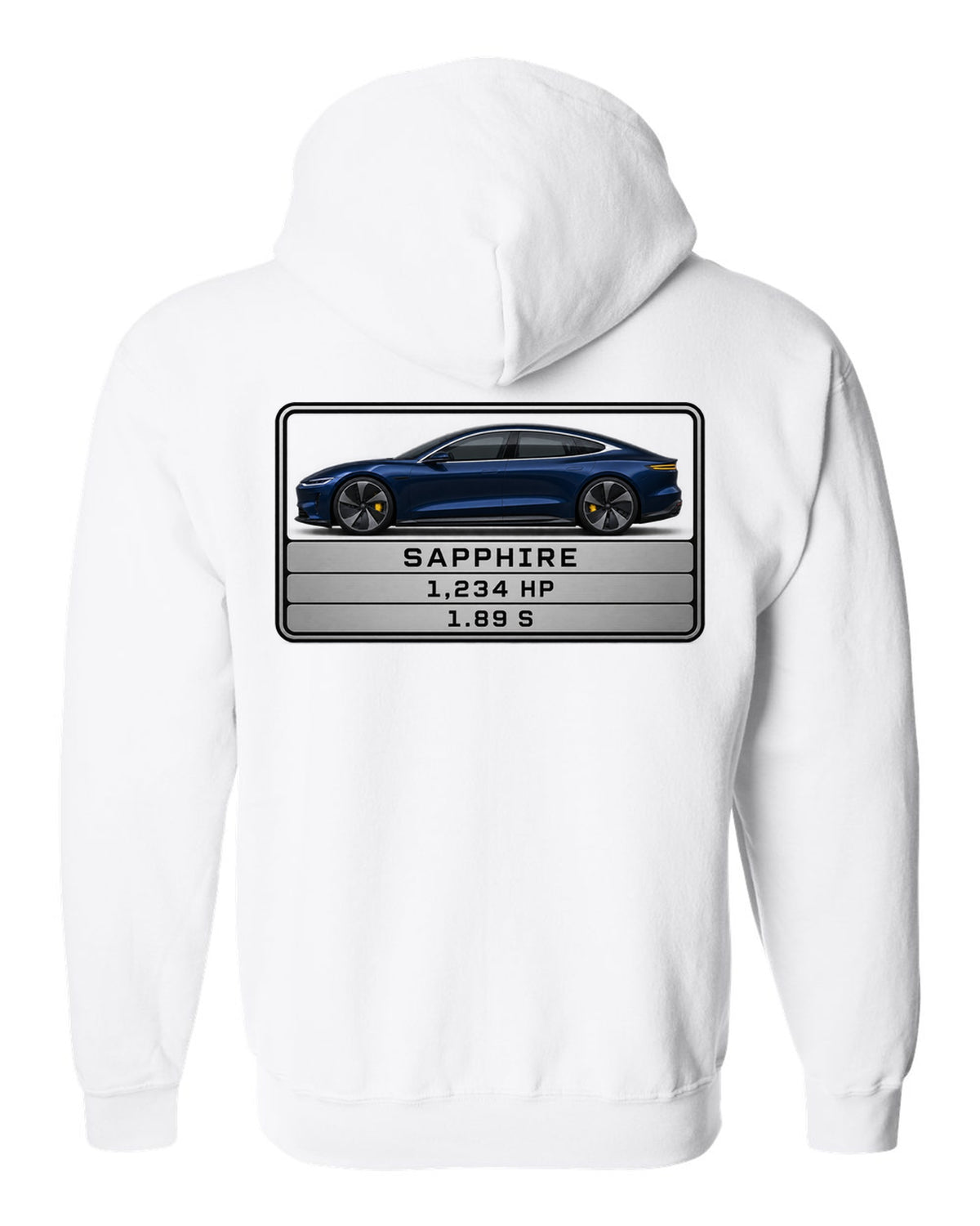 Lucid Air Sapphire monospaced spec data plate print with the text Sapphire 1,234 hp 1.89 s white zip hoodie back view with the design