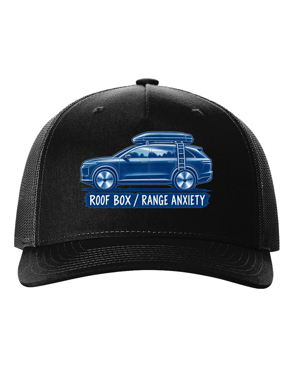 Lucid Gravity white-on-blue cyanotype print with the text roof box range anxiety black hat front view with the design