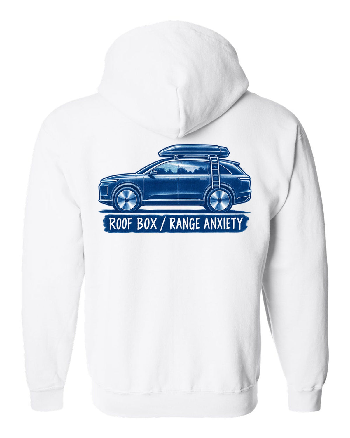Lucid Gravity white-on-blue cyanotype print with the text roof box range anxiety white zip hoodie back view with the design