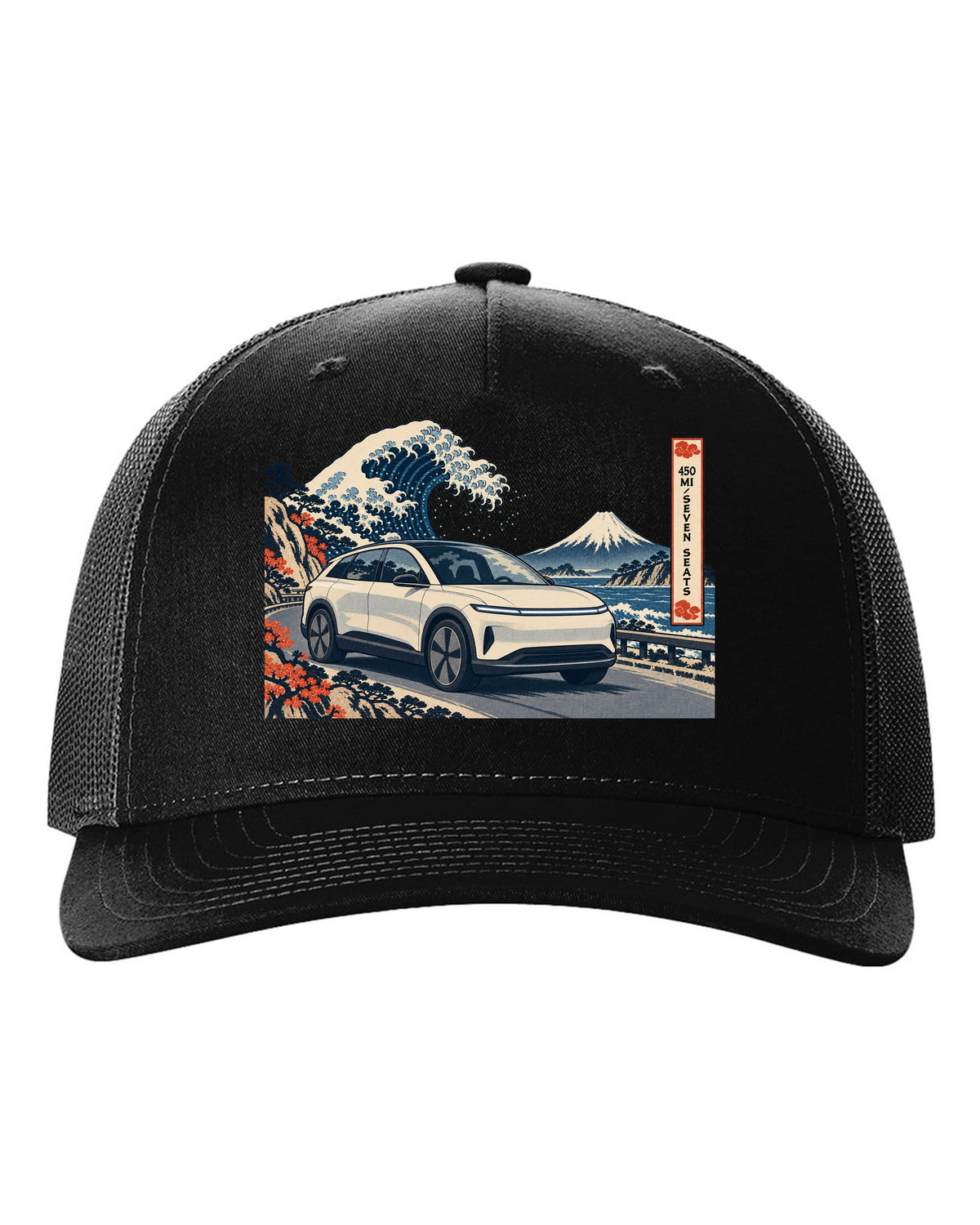 Lucid Gravity ukiyo-e woodblock ridge line print with the text 450 mi seven seats black hat front view with the design