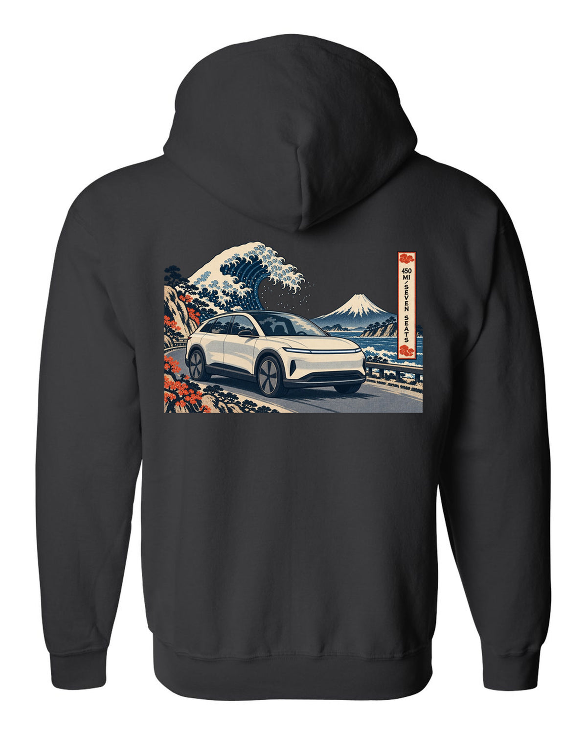 Lucid Gravity ukiyo-e woodblock ridge line print with the text 450 mi seven seats black zip hoodie back view with the design