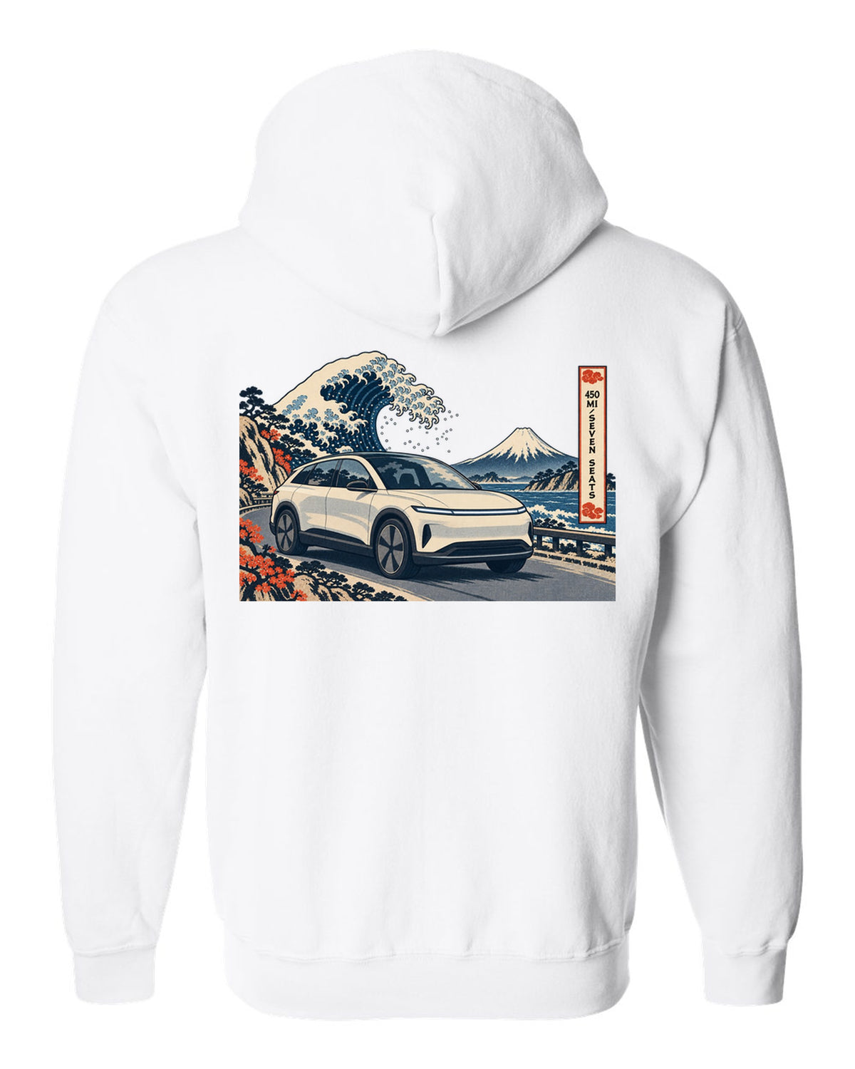 Lucid Gravity ukiyo-e woodblock ridge line print with the text 450 mi seven seats white zip hoodie back view with the design