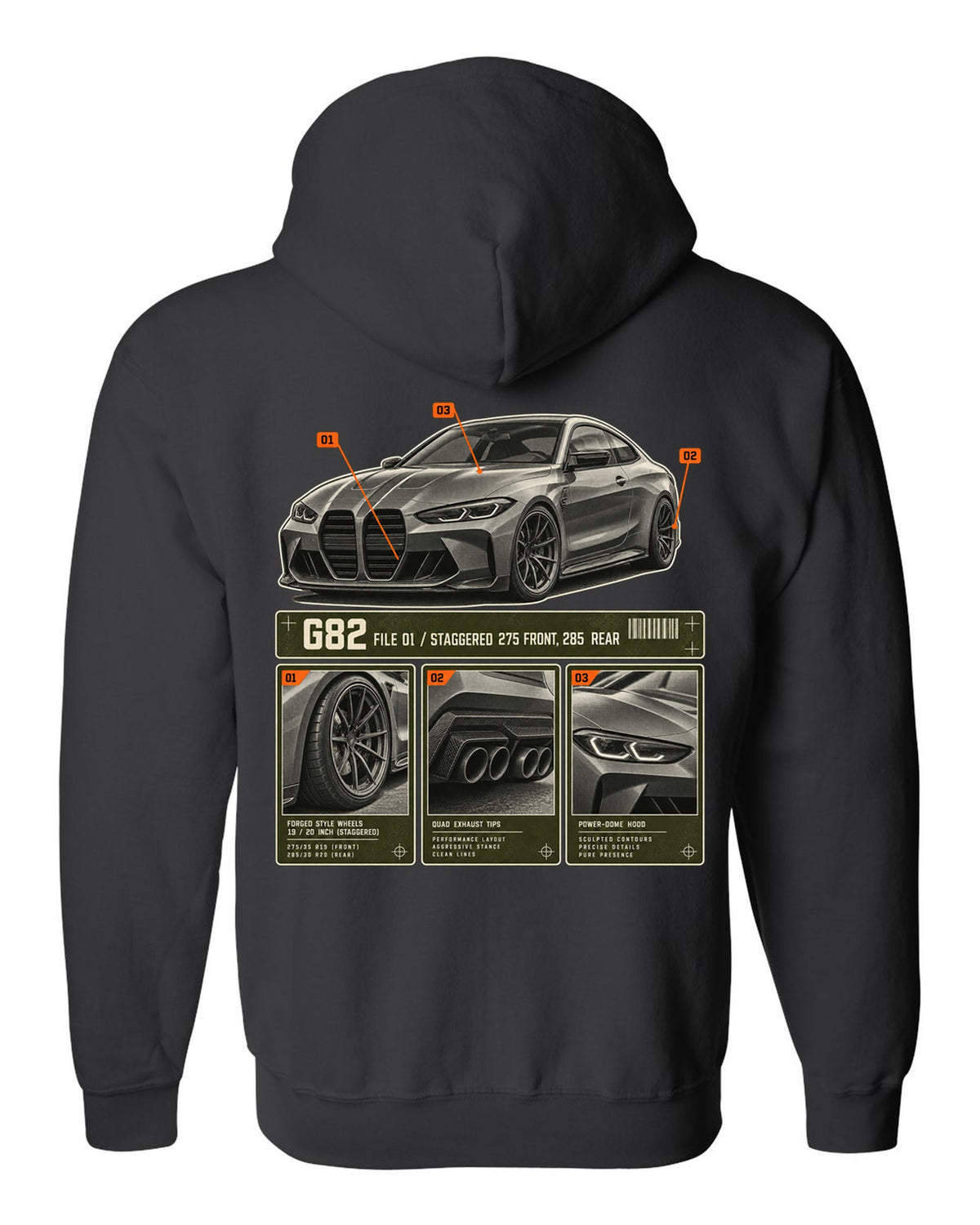 BMW M4 Competition G82 dossier panels print noting staggered 275 front and 285 rear black zip hoodie back view with the design