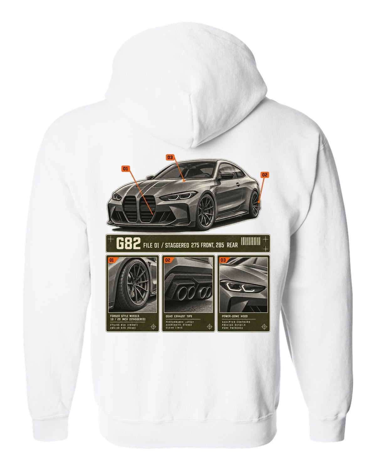 BMW M4 Competition G82 dossier panels print noting staggered 275 front and 285 rear white zip hoodie back view with the design