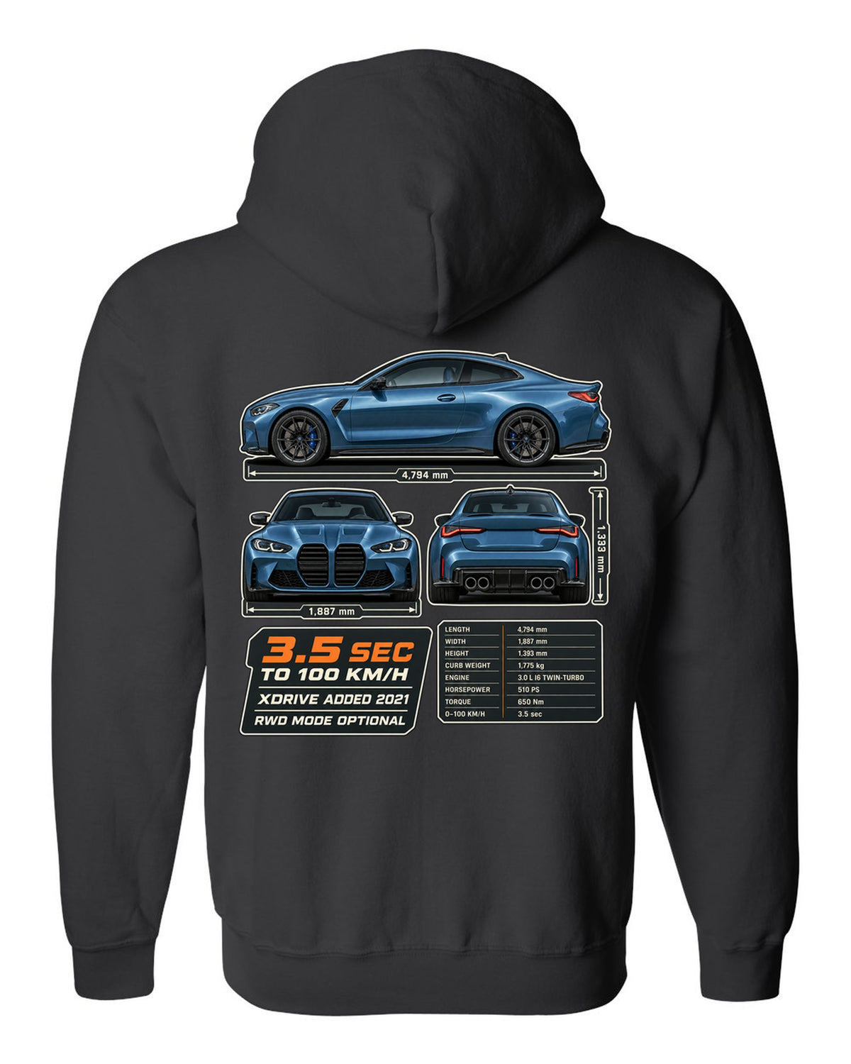 BMW M4 Competition xDrive G82 three-view drawing with spec table print black zip hoodie back view with the design