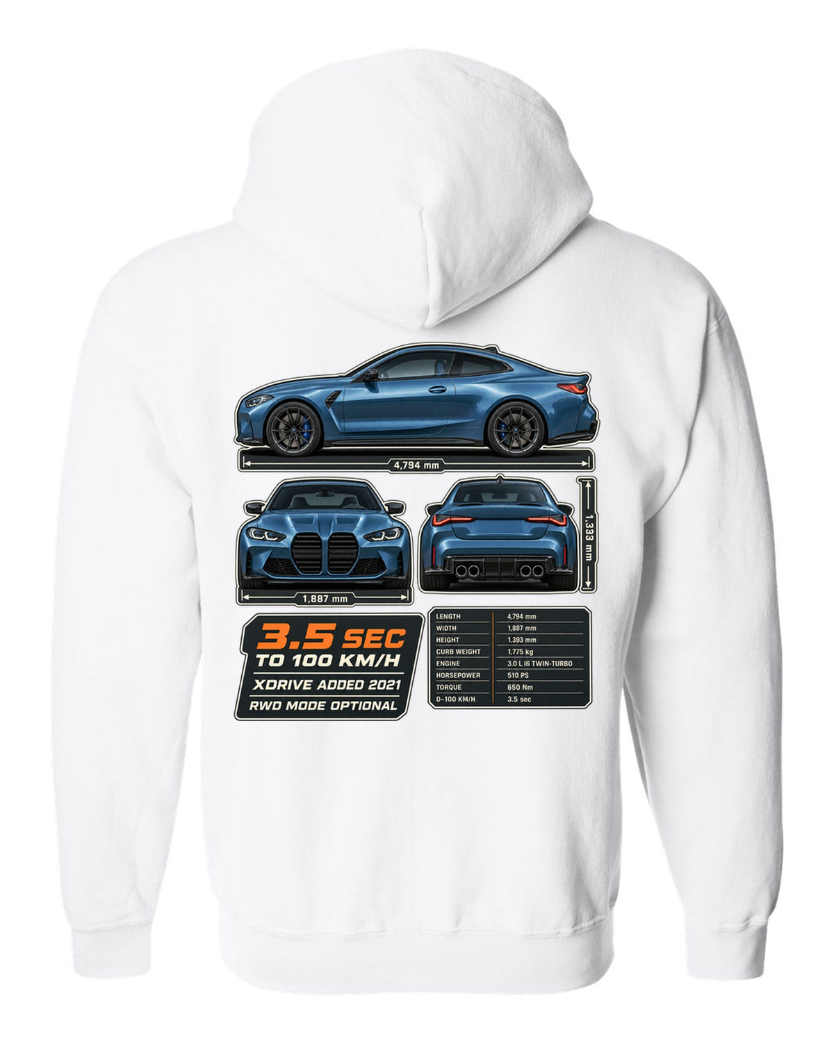 BMW M4 Competition xDrive G82 three-view drawing with spec table print white zip hoodie back view with the design