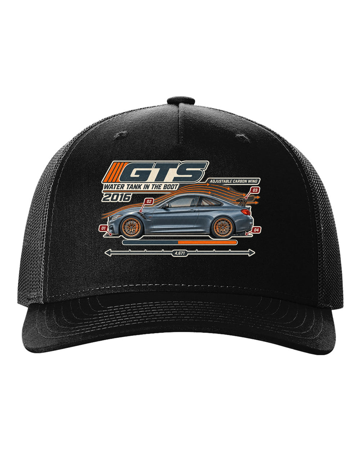 BMW M4 GTS F82 aero cutaway with callouts print black hat front view with the design