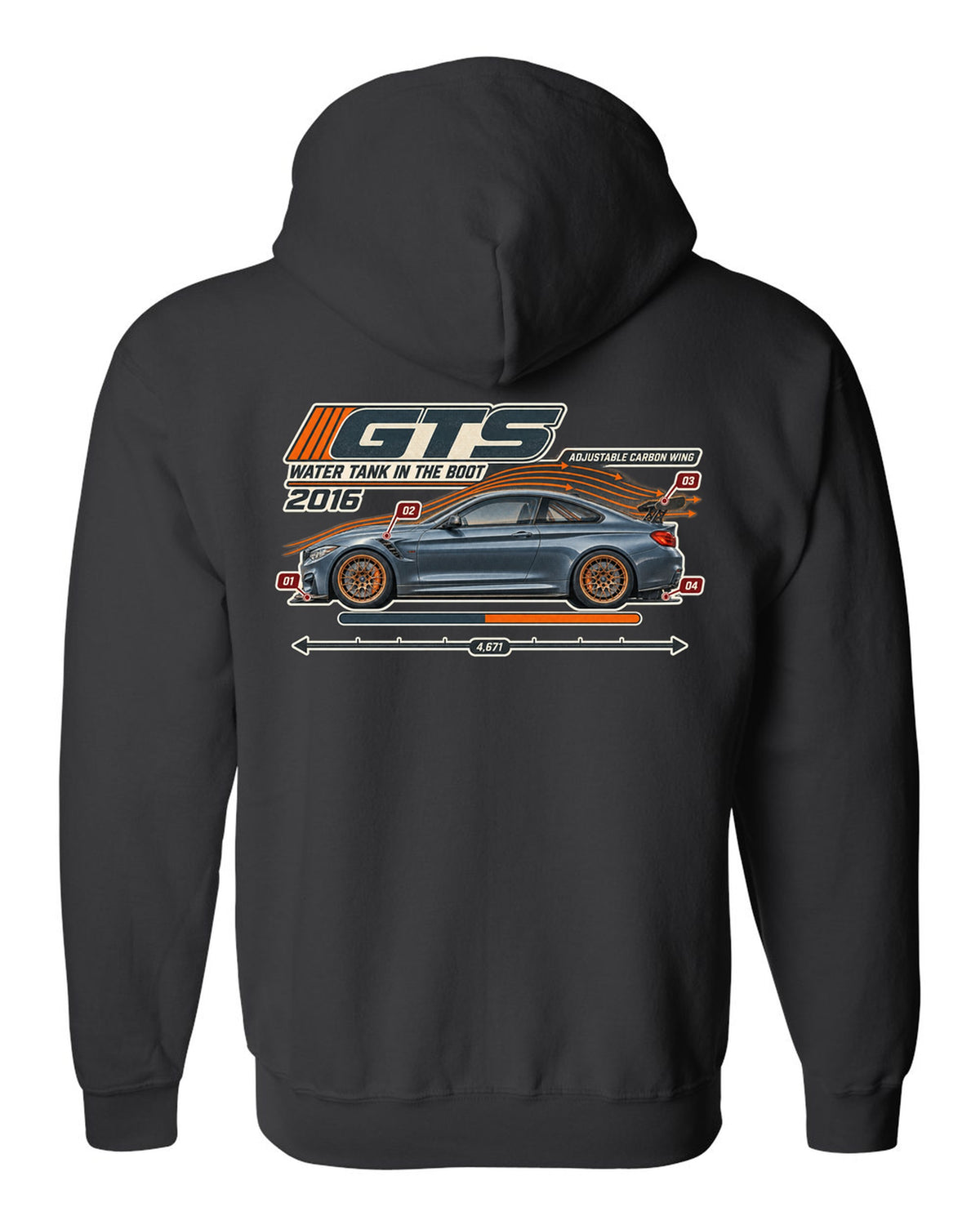 BMW M4 GTS F82 aero cutaway with callouts print black zip hoodie back view with the design