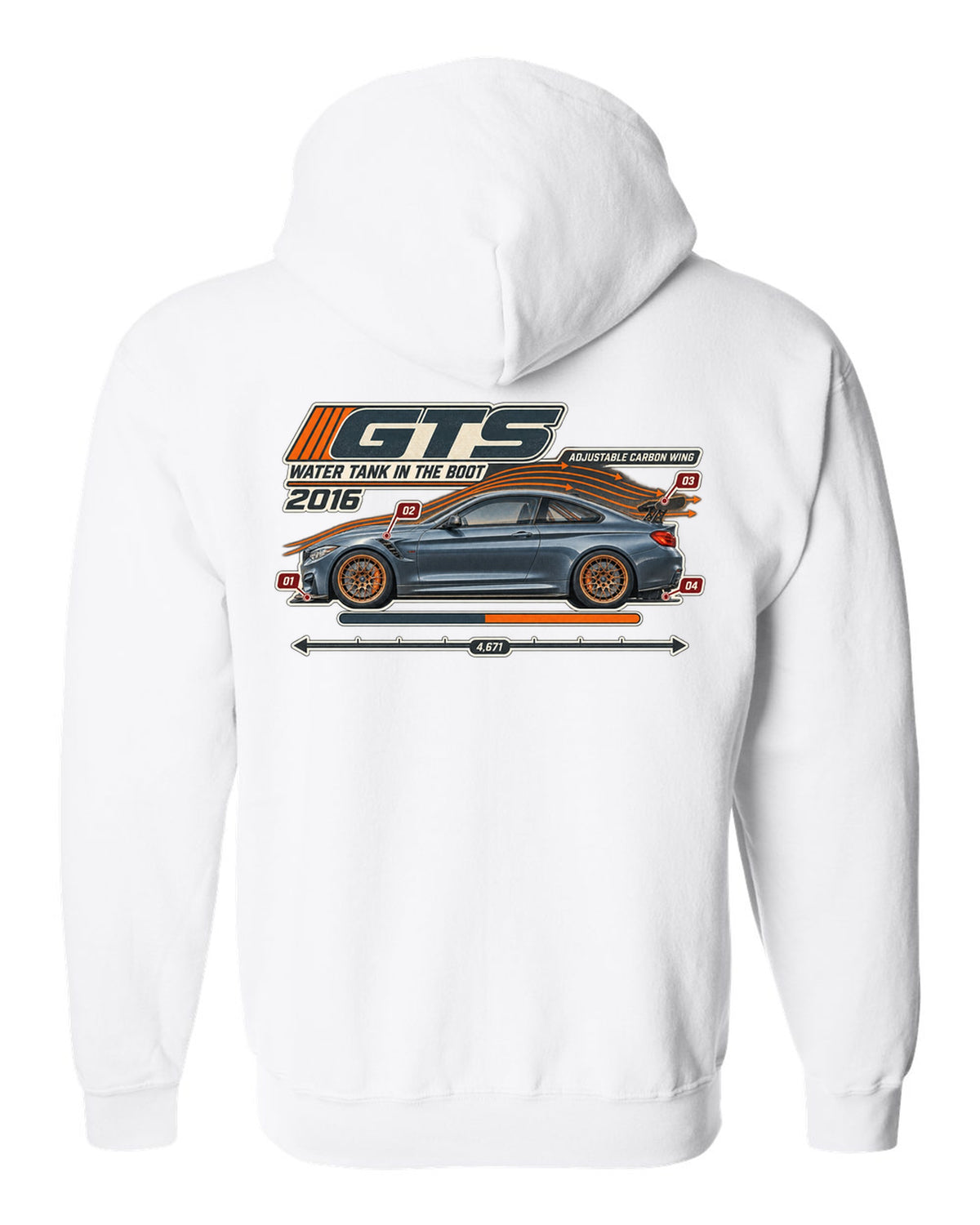 BMW M4 GTS F82 aero cutaway with callouts print white zip hoodie back view with the design
