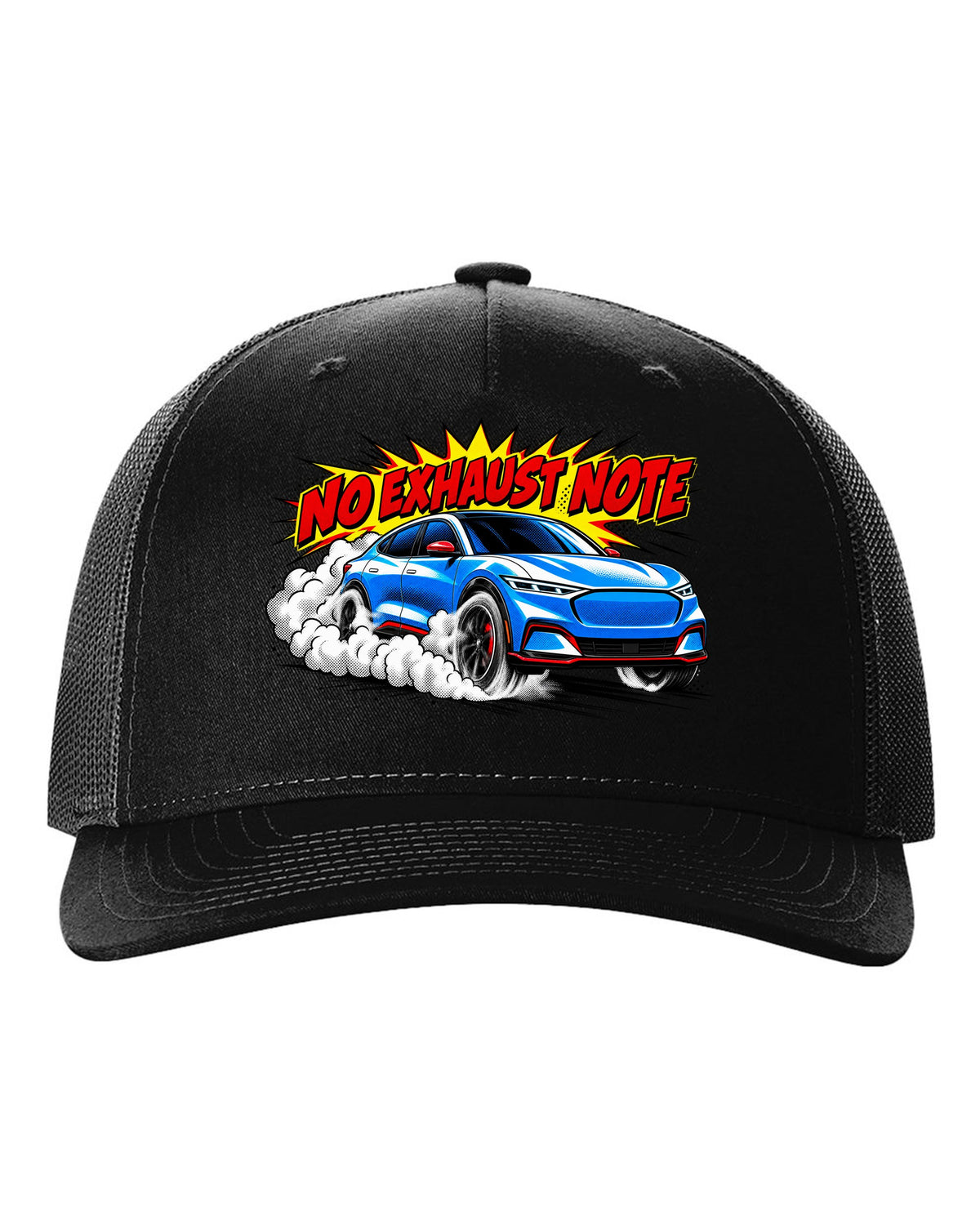 Comic halftone pop-art print of a 2020 Mustang Mach-E CX727 burnout reading No Exhaust Note black hat front view with the design
