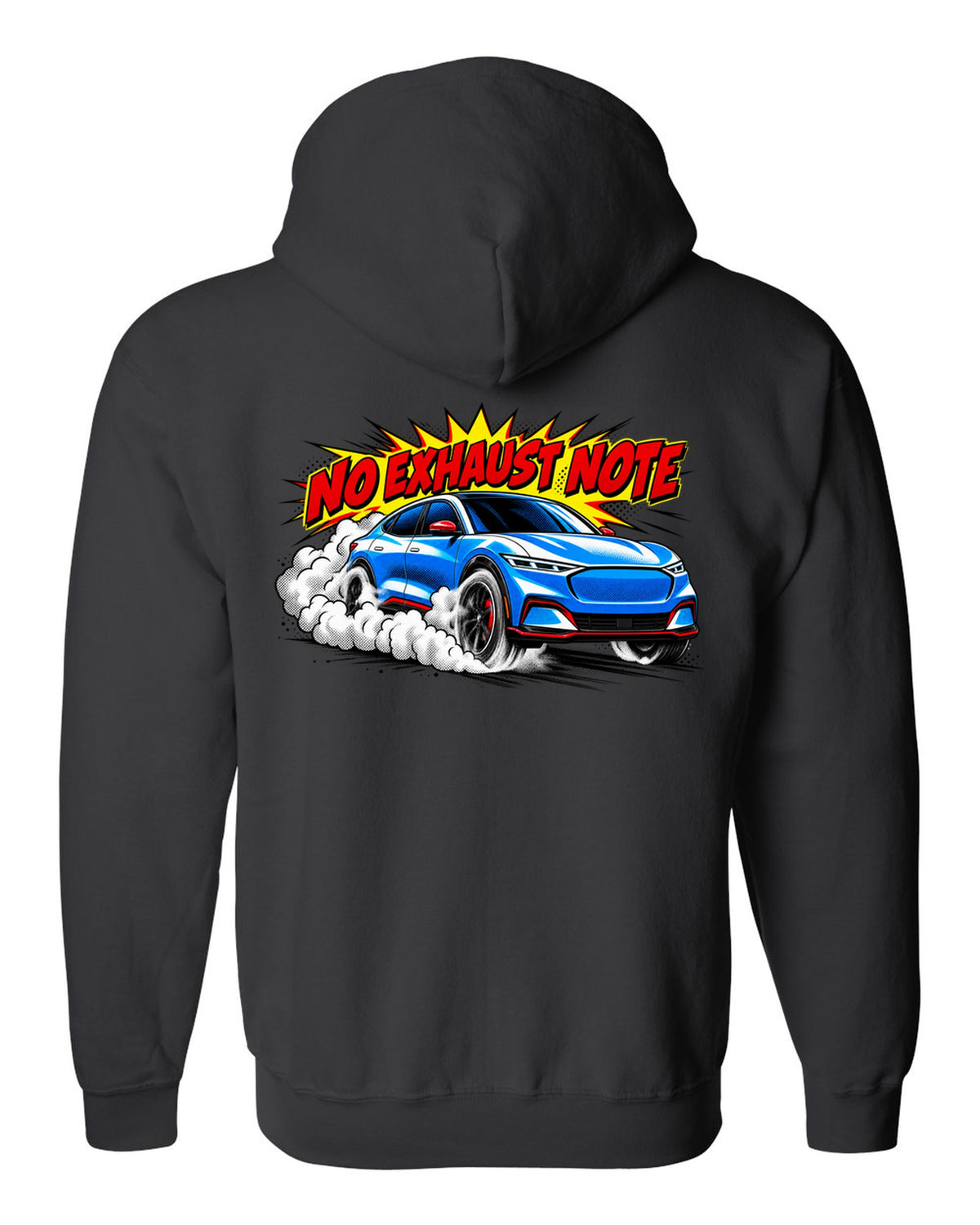 Comic halftone pop-art print of a 2020 Mustang Mach-E CX727 burnout reading No Exhaust Note black zip hoodie back view with the design