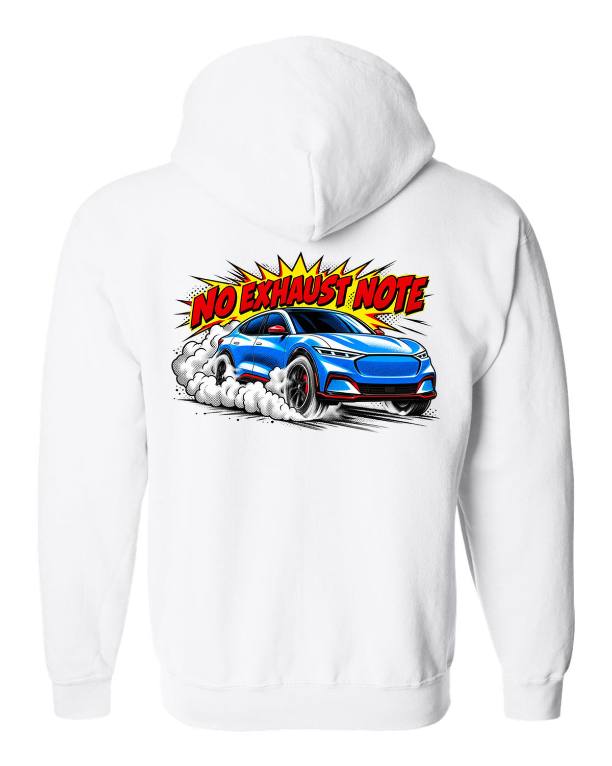 Comic halftone pop-art print of a 2020 Mustang Mach-E CX727 burnout reading No Exhaust Note white zip hoodie back view with the design