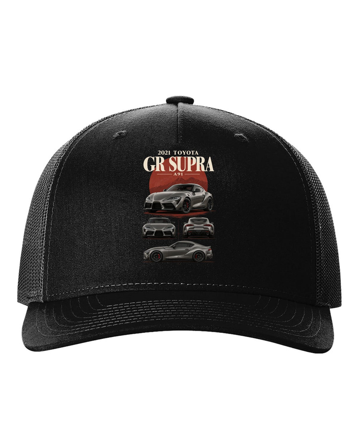Graphite halftone front three-quarter of the Toyota GR Supra A90 with Made in Graz text black hat front view with the design