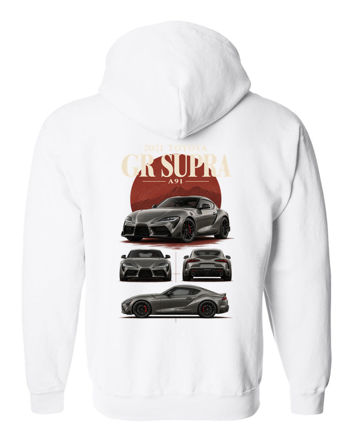 Graphite halftone front three-quarter of the Toyota GR Supra A90 with Made in Graz text white zip hoodie back view with the design