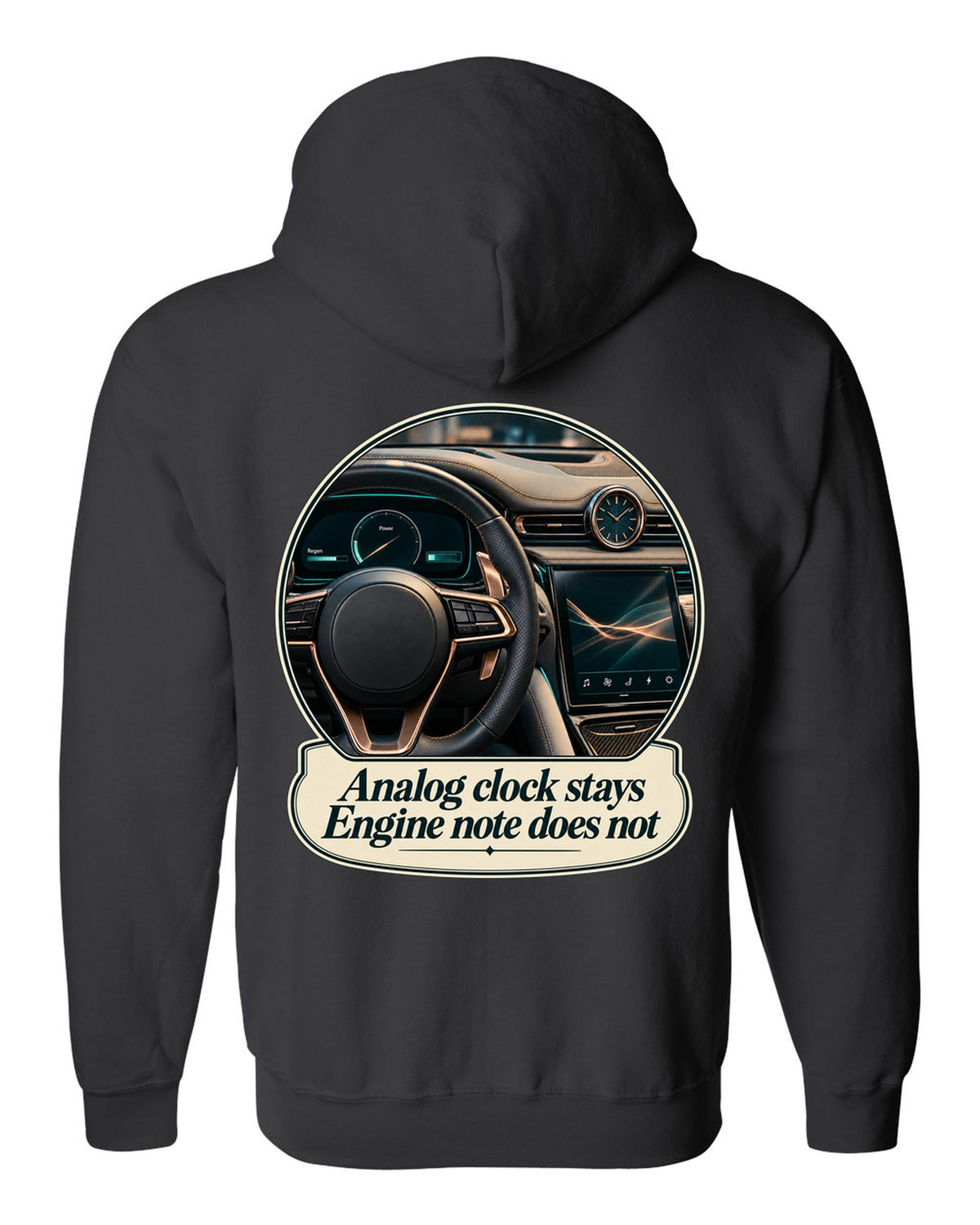 Maserati GranTurismo Folgore cockpit with analog clock, print black zip hoodie back view with the design