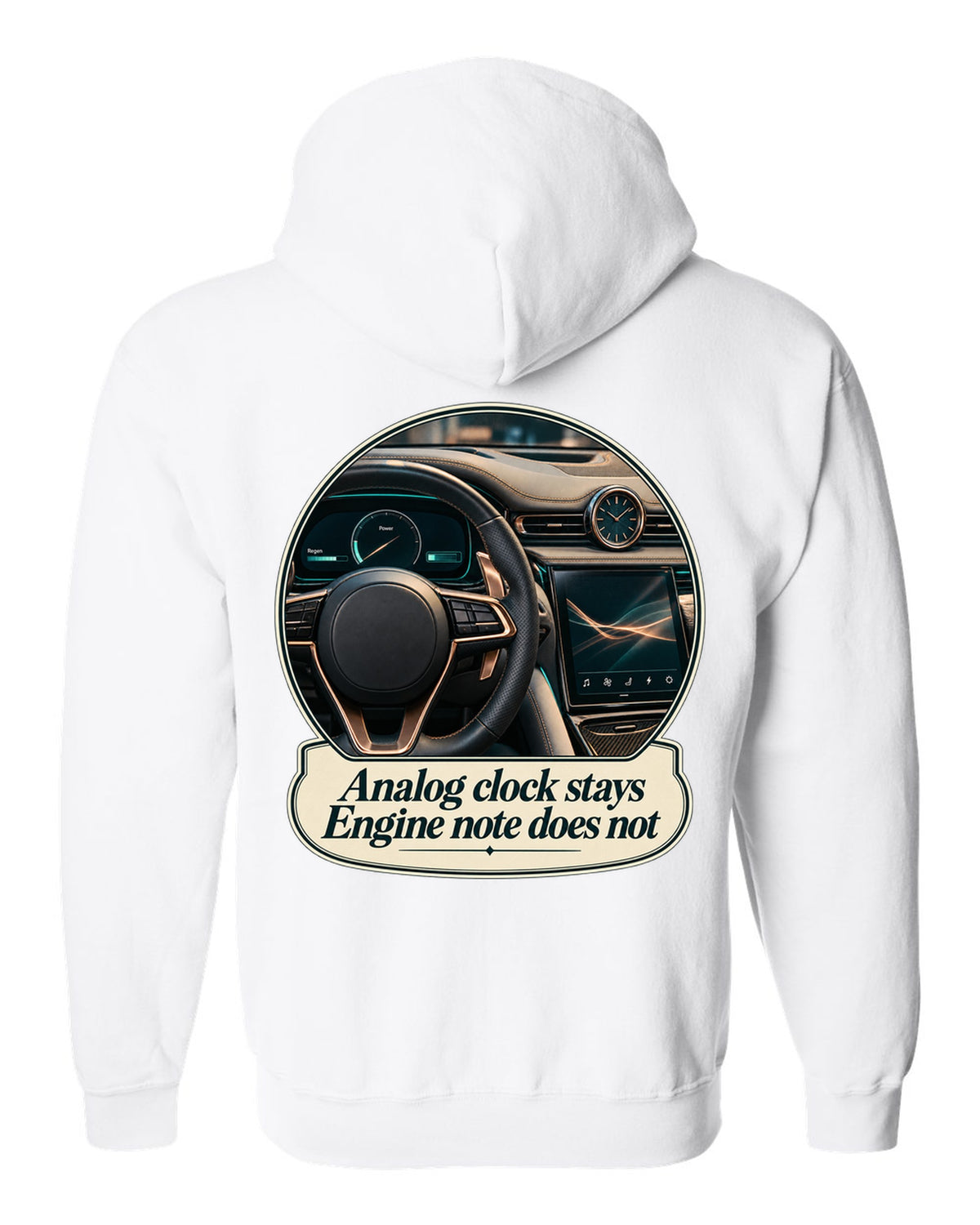 Maserati GranTurismo Folgore cockpit with analog clock, print white zip hoodie back view with the design