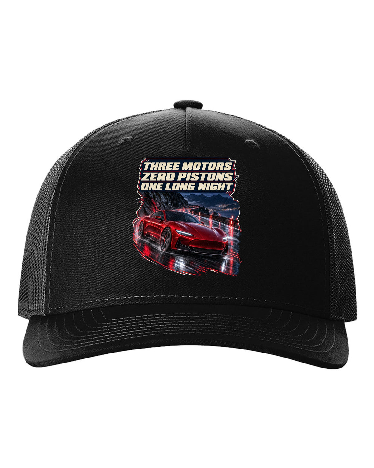 Maserati GranTurismo Folgore night street print black hat front view with the design