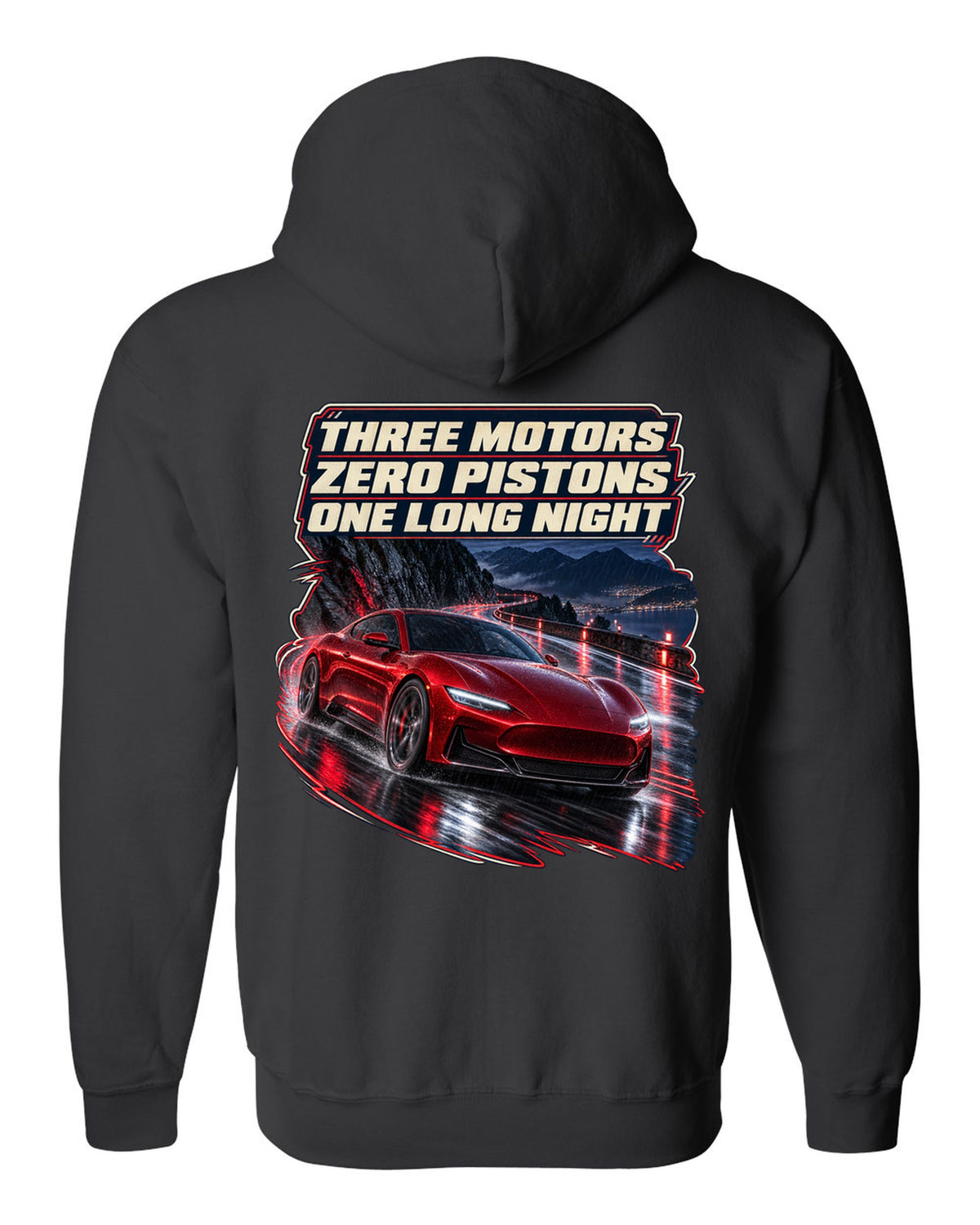 Maserati GranTurismo Folgore night street print black zip hoodie back view with the design