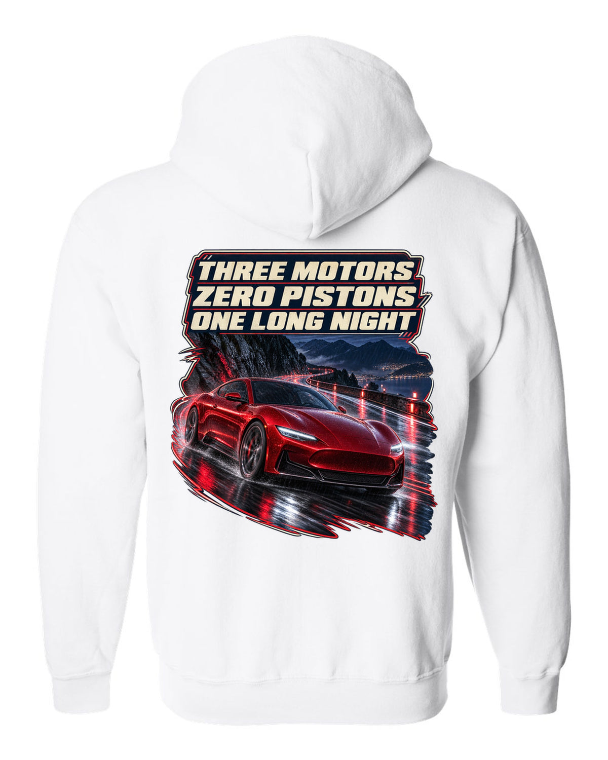 Maserati GranTurismo Folgore night street print white zip hoodie back view with the design