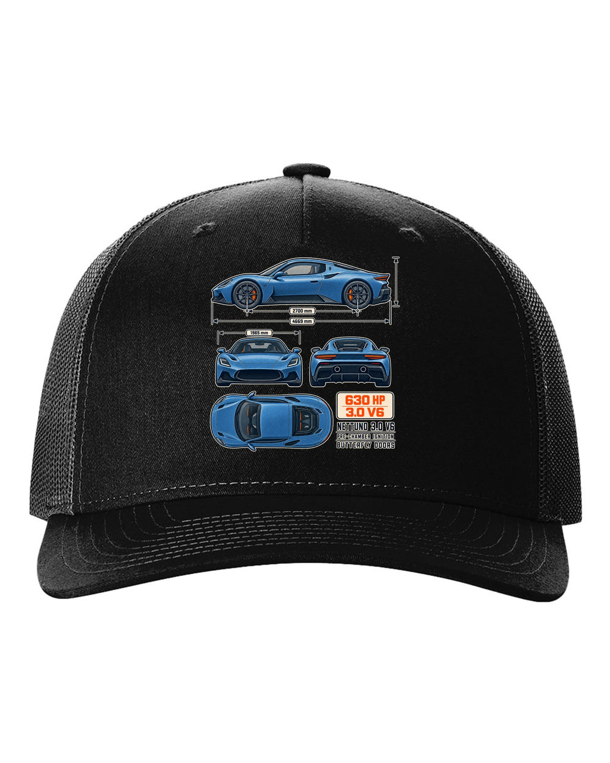 Maserati MC20 dimension blueprint print on a shirt black hat front view with the design