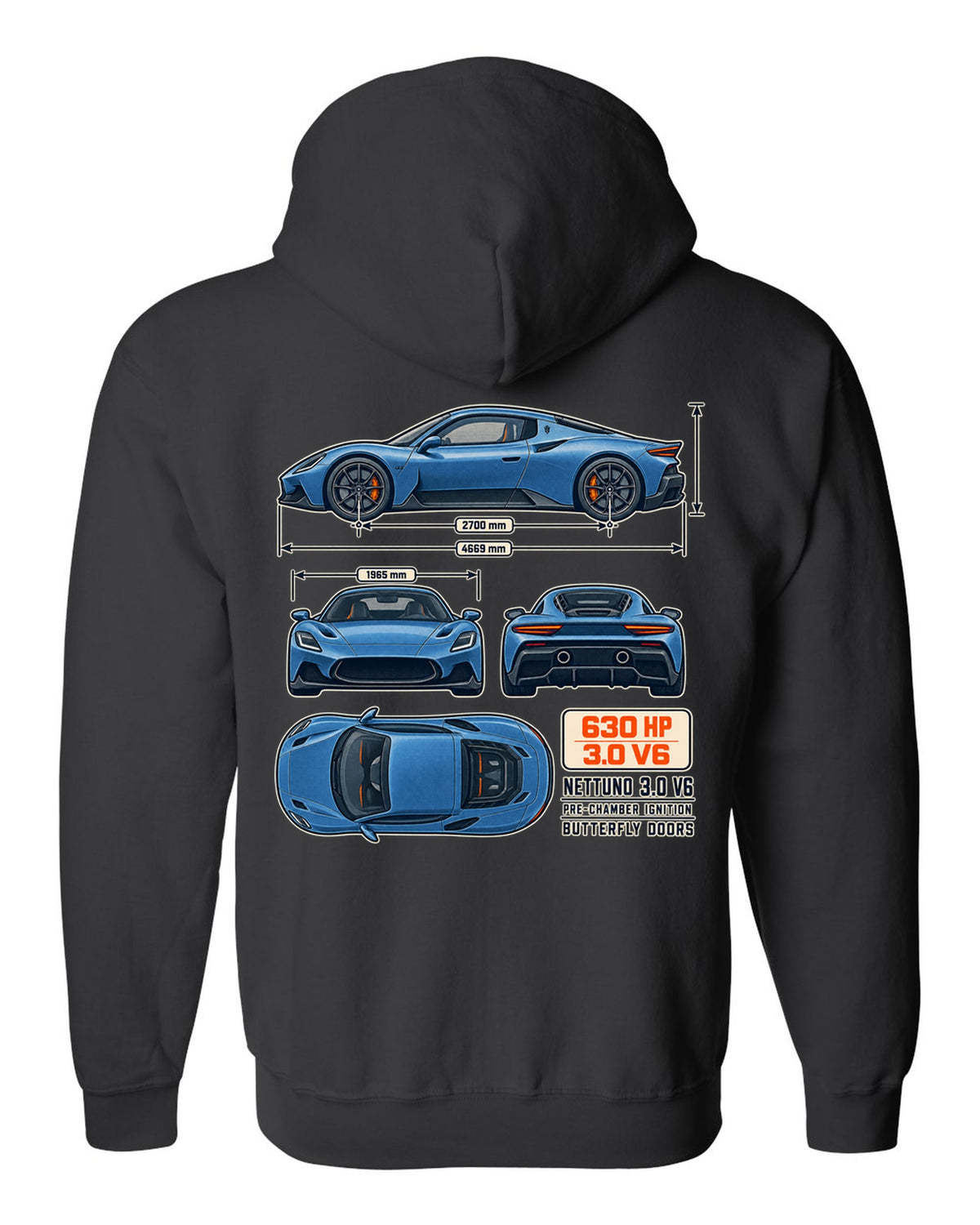 Maserati MC20 dimension blueprint print on a shirt black zip hoodie back view with the design
