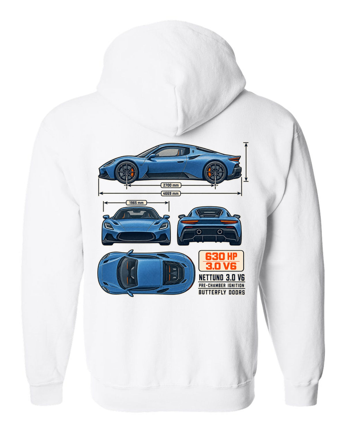 Maserati MC20 dimension blueprint print on a shirt white zip hoodie back view with the design
