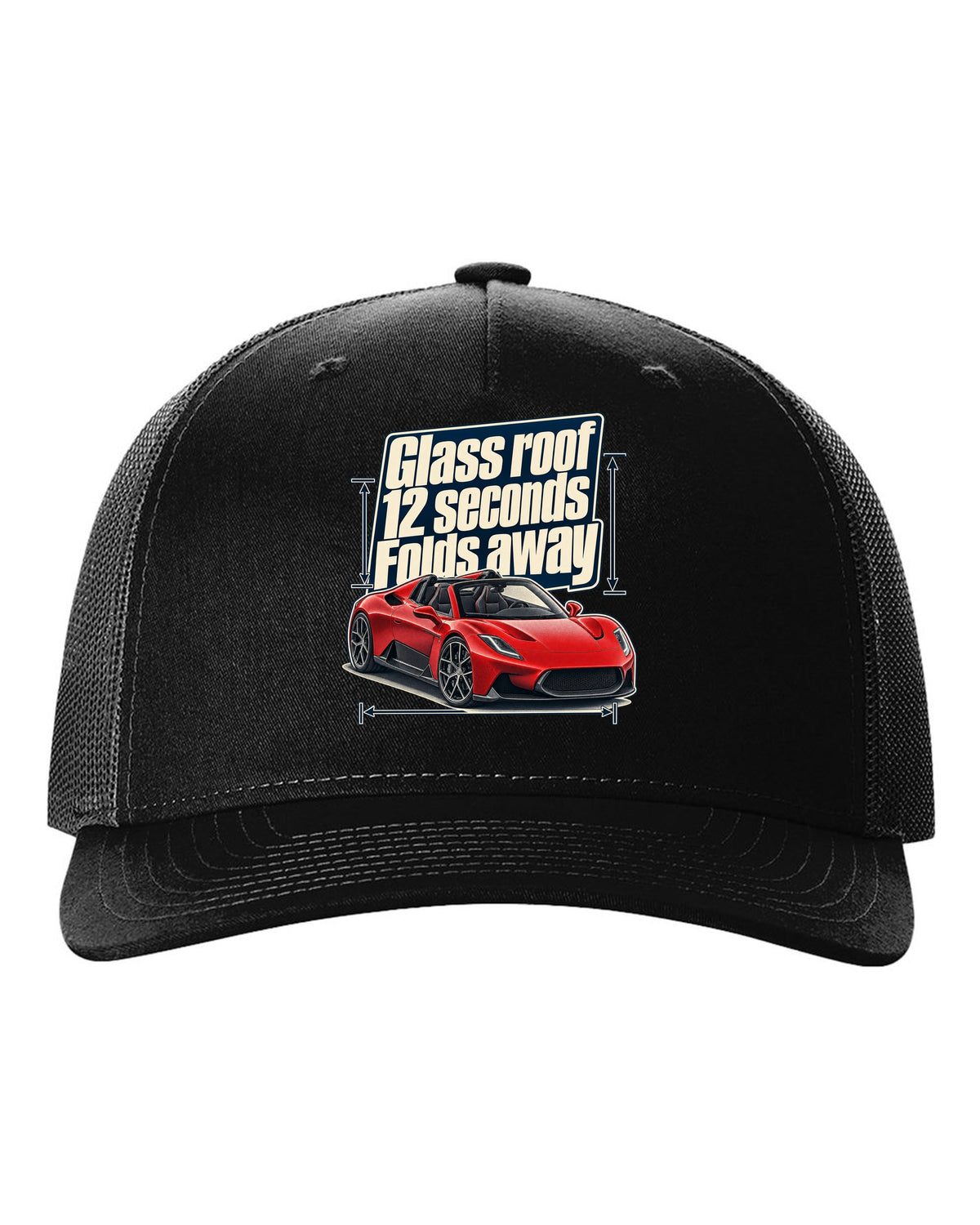Maserati MC20 Cielo editorial headline print on a shirt black hat front view with the design