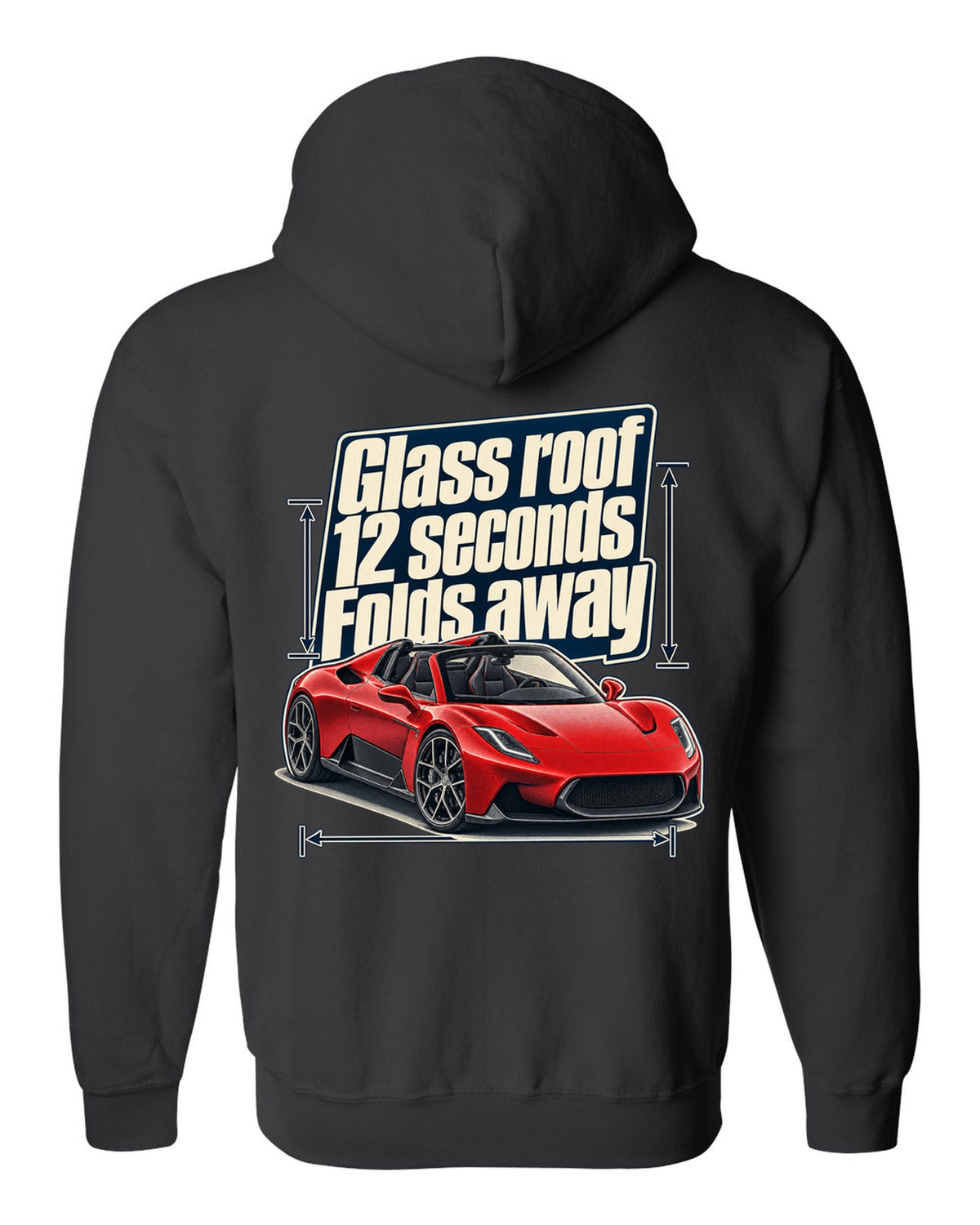 Maserati MC20 Cielo editorial headline print on a shirt black zip hoodie back view with the design